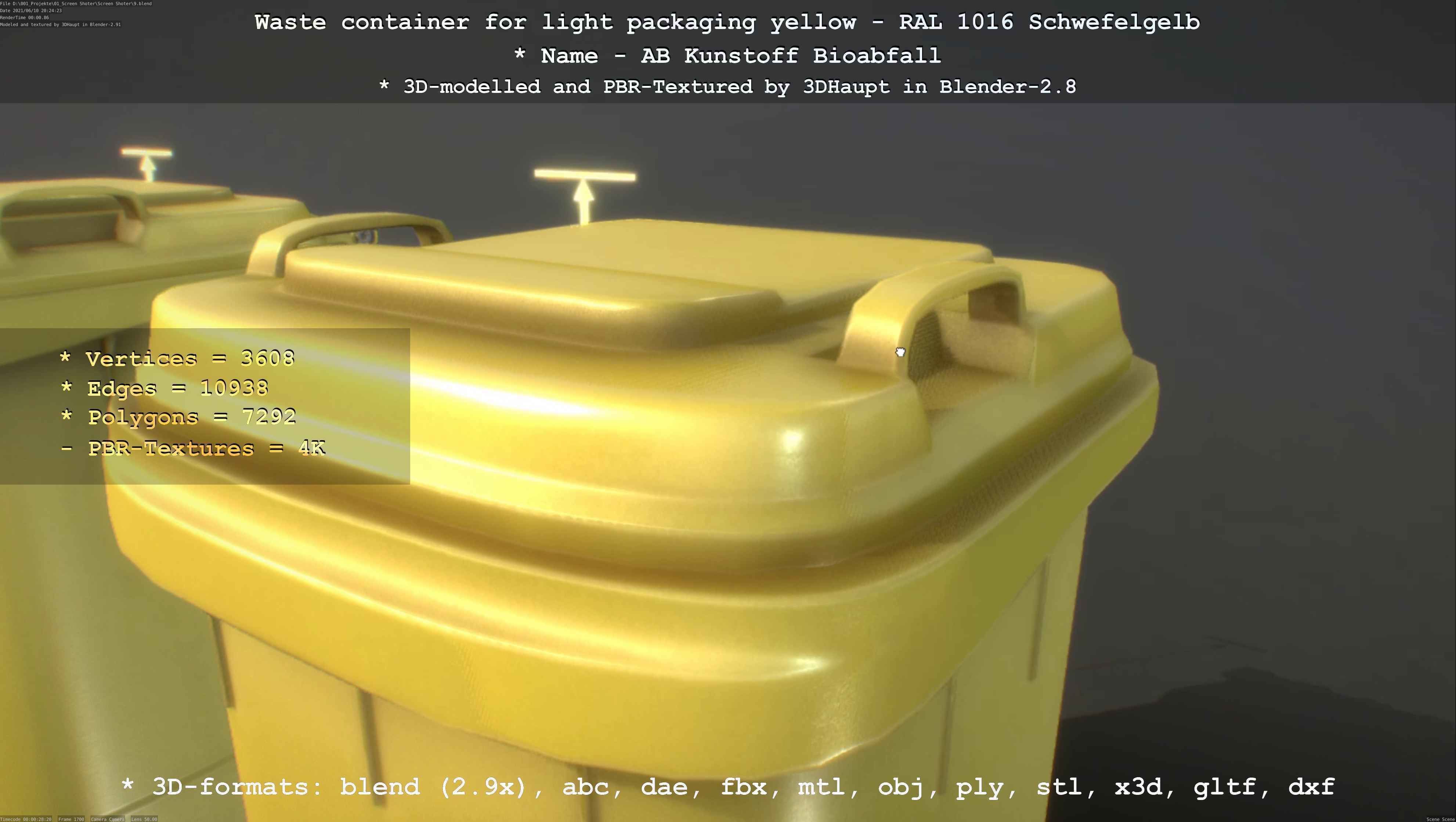 Waste container for light packaging yellow - RAL 1016  Low-poly 3D model_40