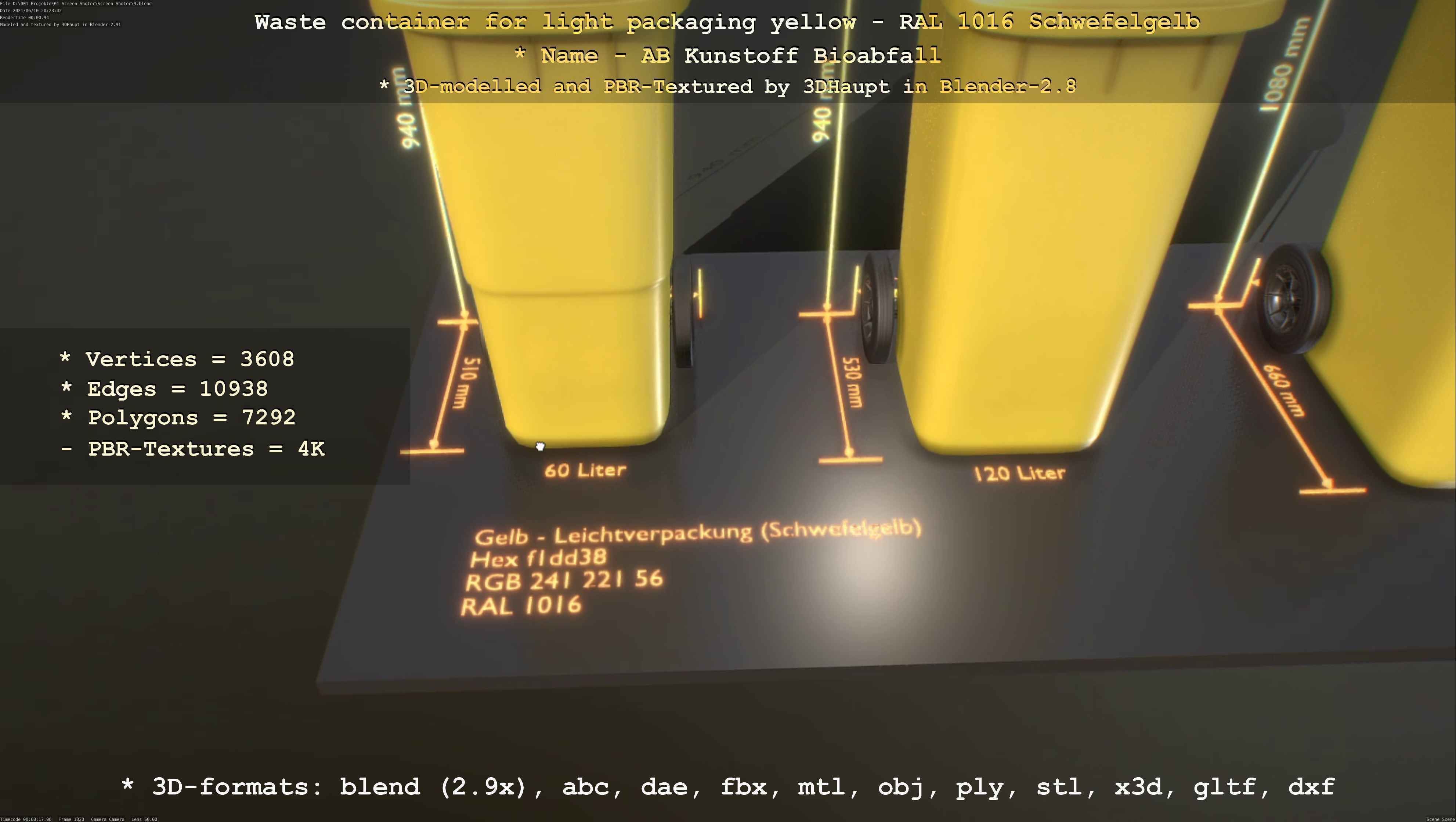 Waste container for light packaging yellow - RAL 1016  Low-poly 3D model_69