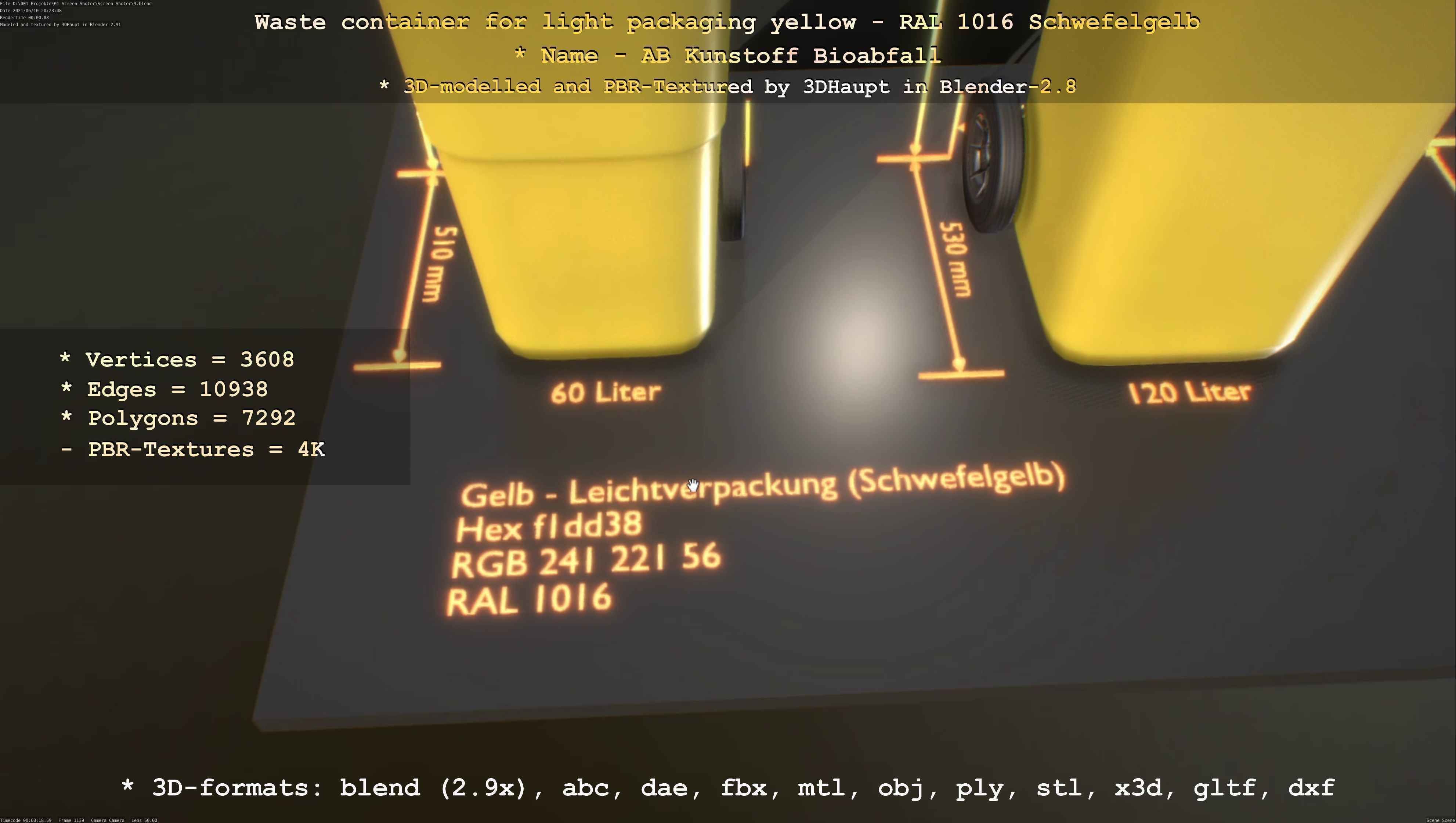 Waste container for light packaging yellow - RAL 1016  Low-poly 3D model_75