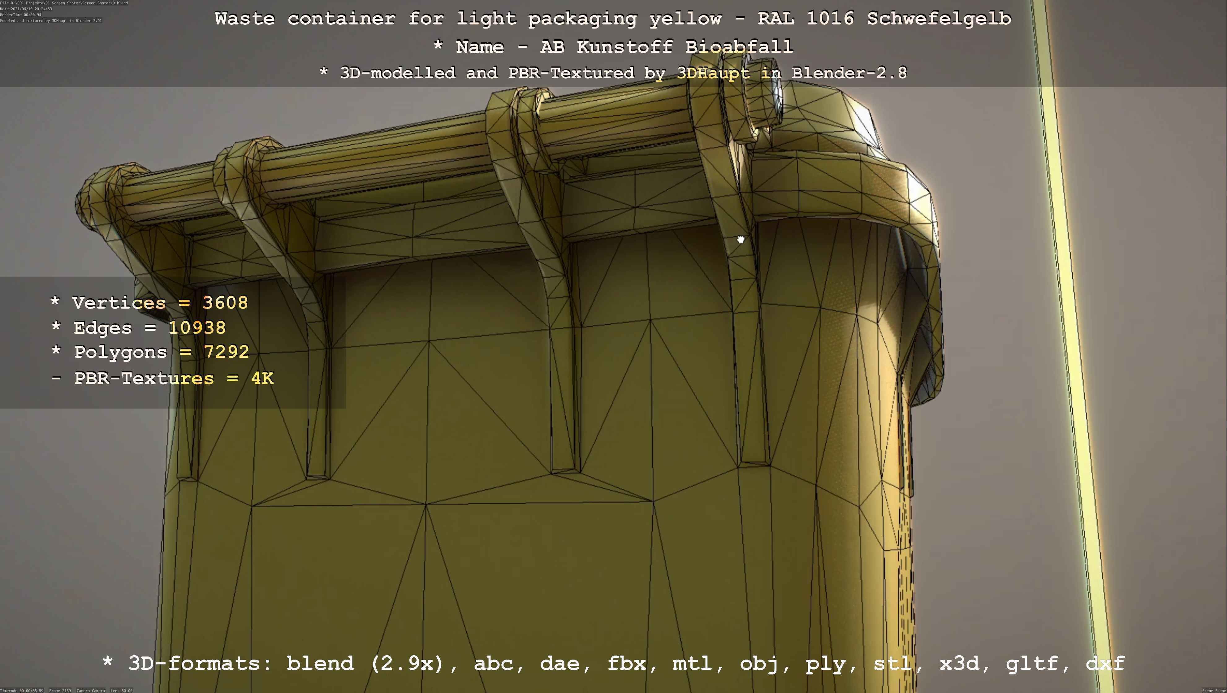 Waste container for light packaging yellow - RAL 1016  Low-poly 3D model_122