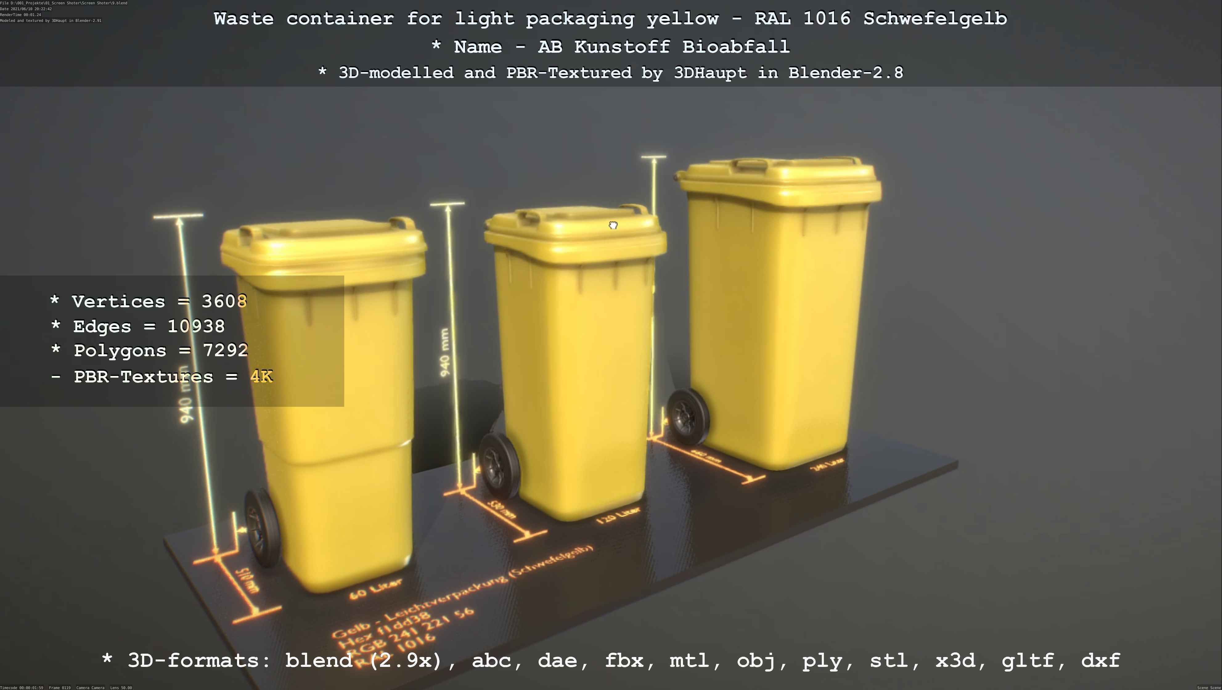 Waste container for light packaging yellow - RAL 1016  Low-poly 3D model_137