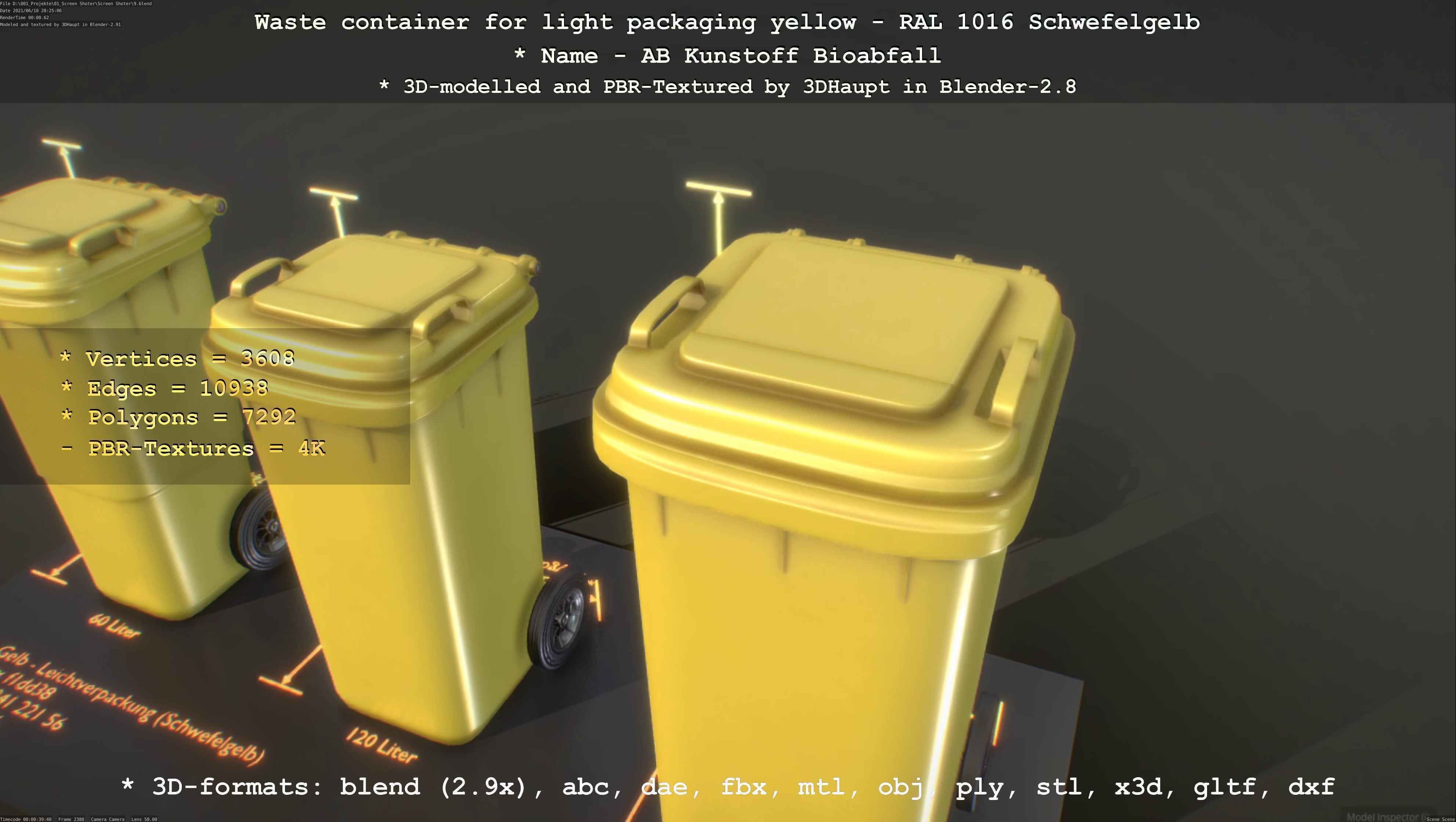 Waste container for light packaging yellow - RAL 1016  Low-poly 3D model_131
