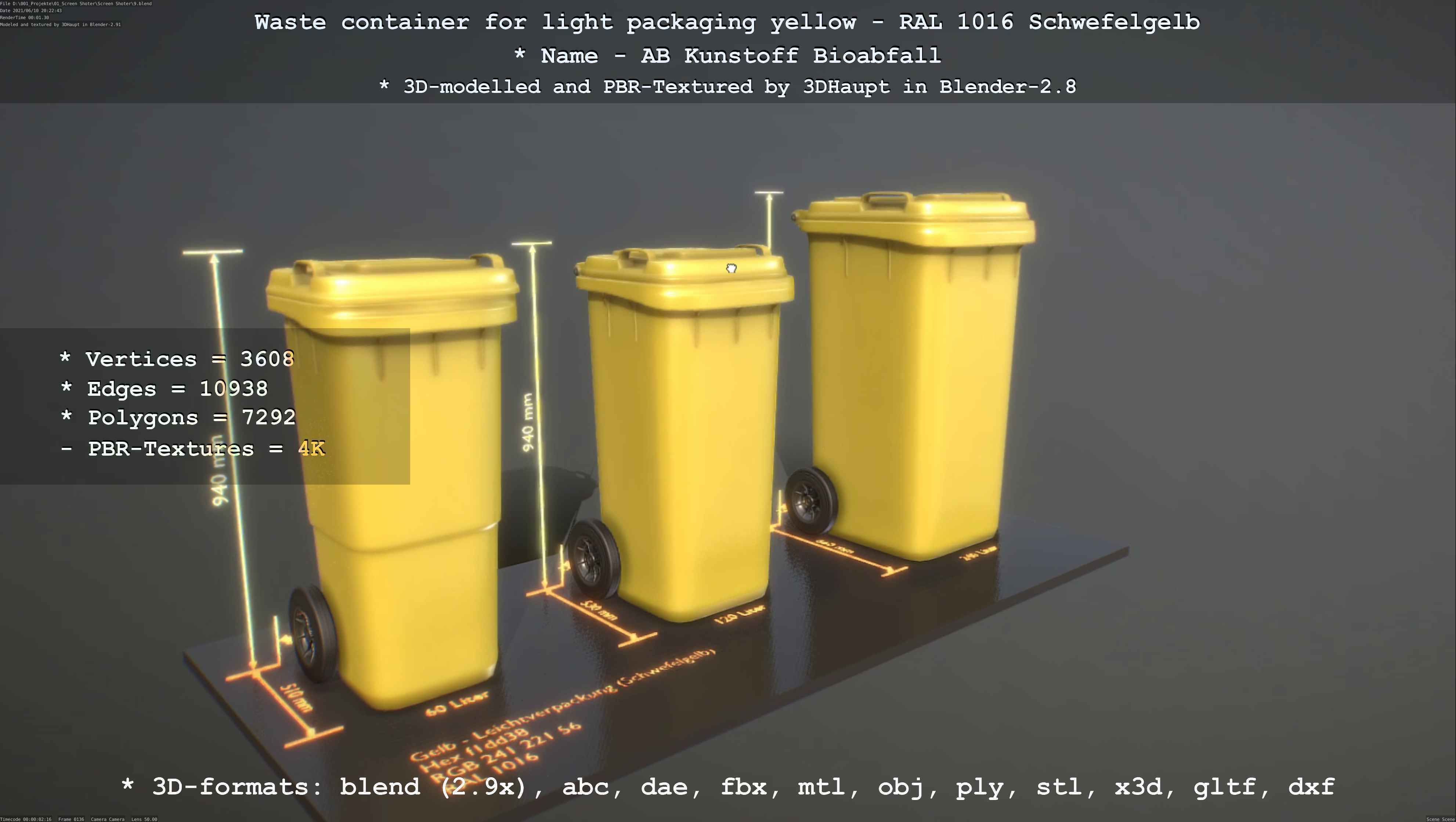 Waste container for light packaging yellow - RAL 1016  Low-poly 3D model_138