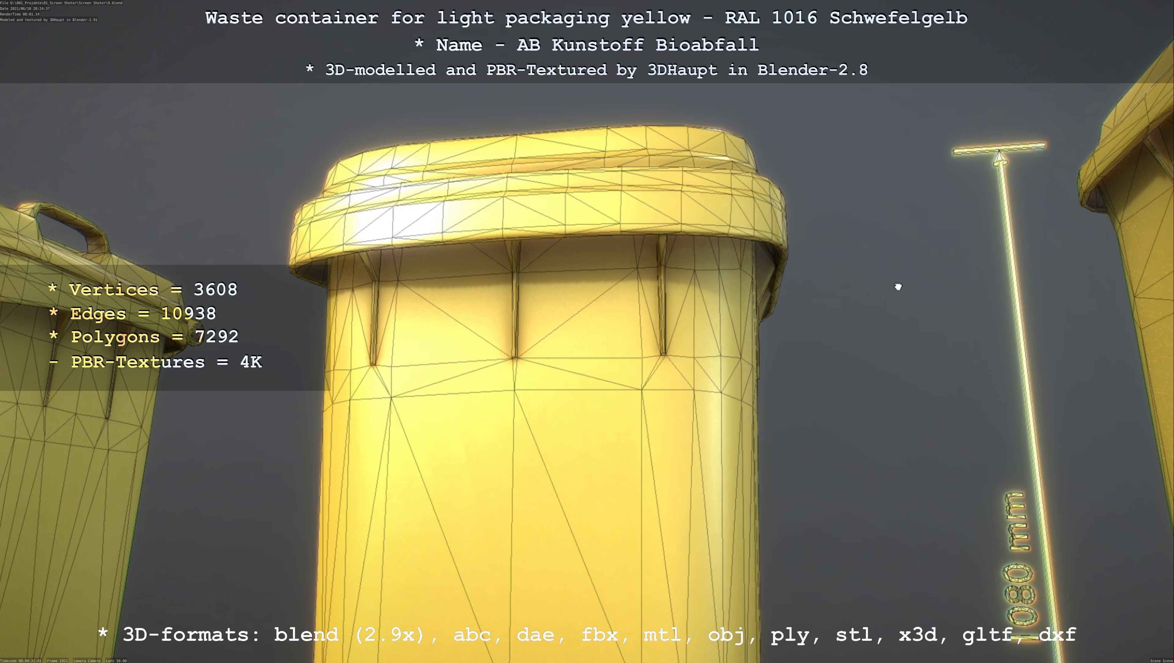 Waste container for light packaging yellow - RAL 1016  Low-poly 3D model_112