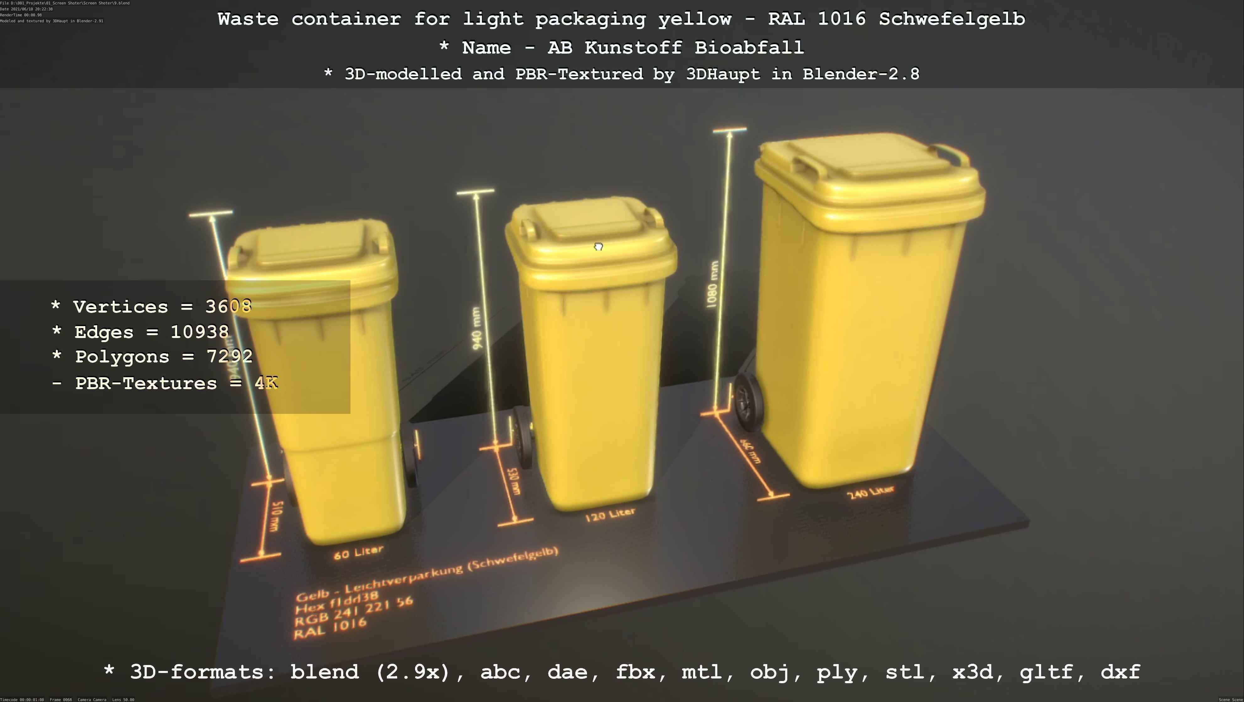Waste container for light packaging yellow - RAL 1016  Low-poly 3D model_31