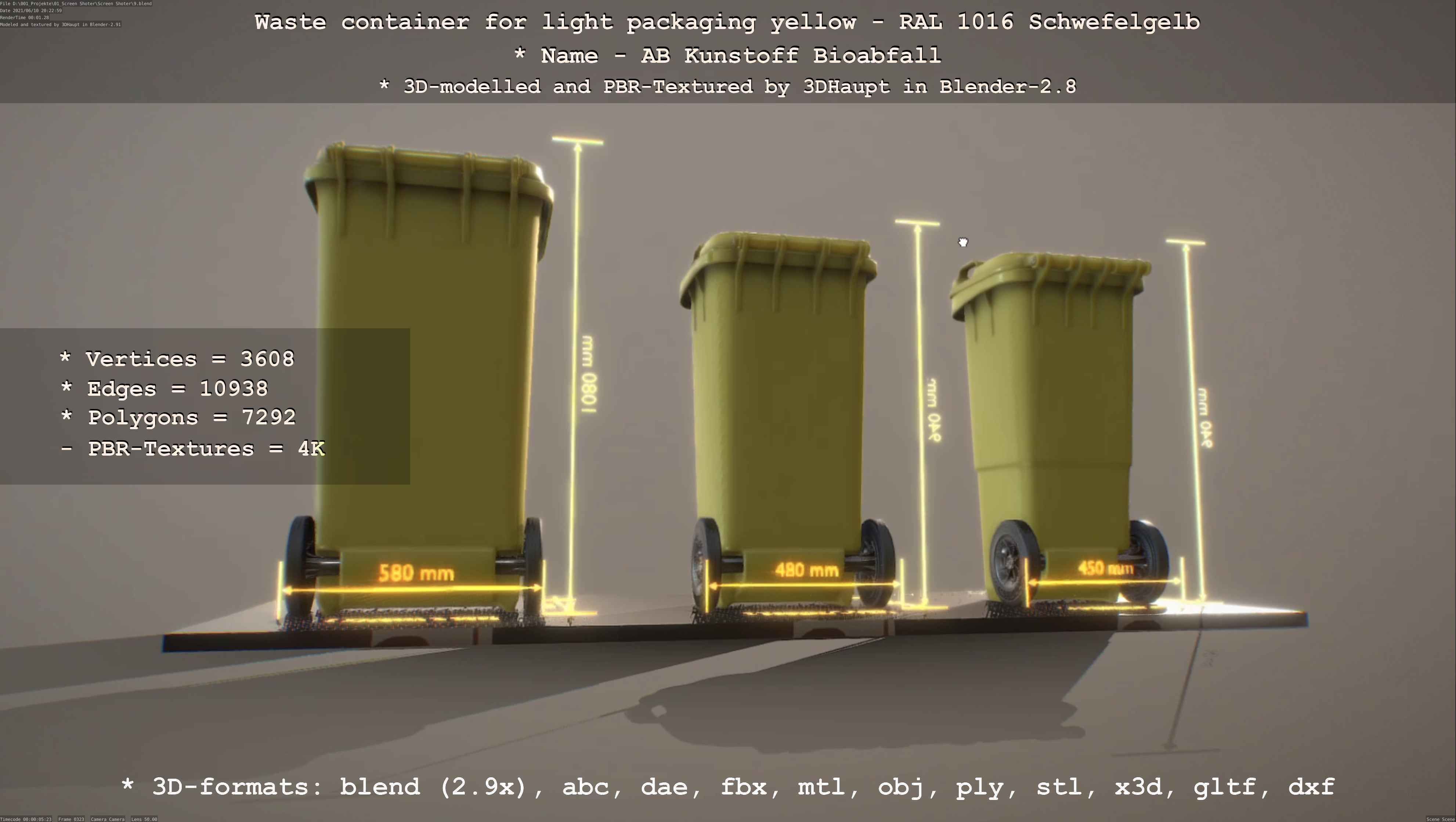 Waste container for light packaging yellow - RAL 1016  Low-poly 3D model_74