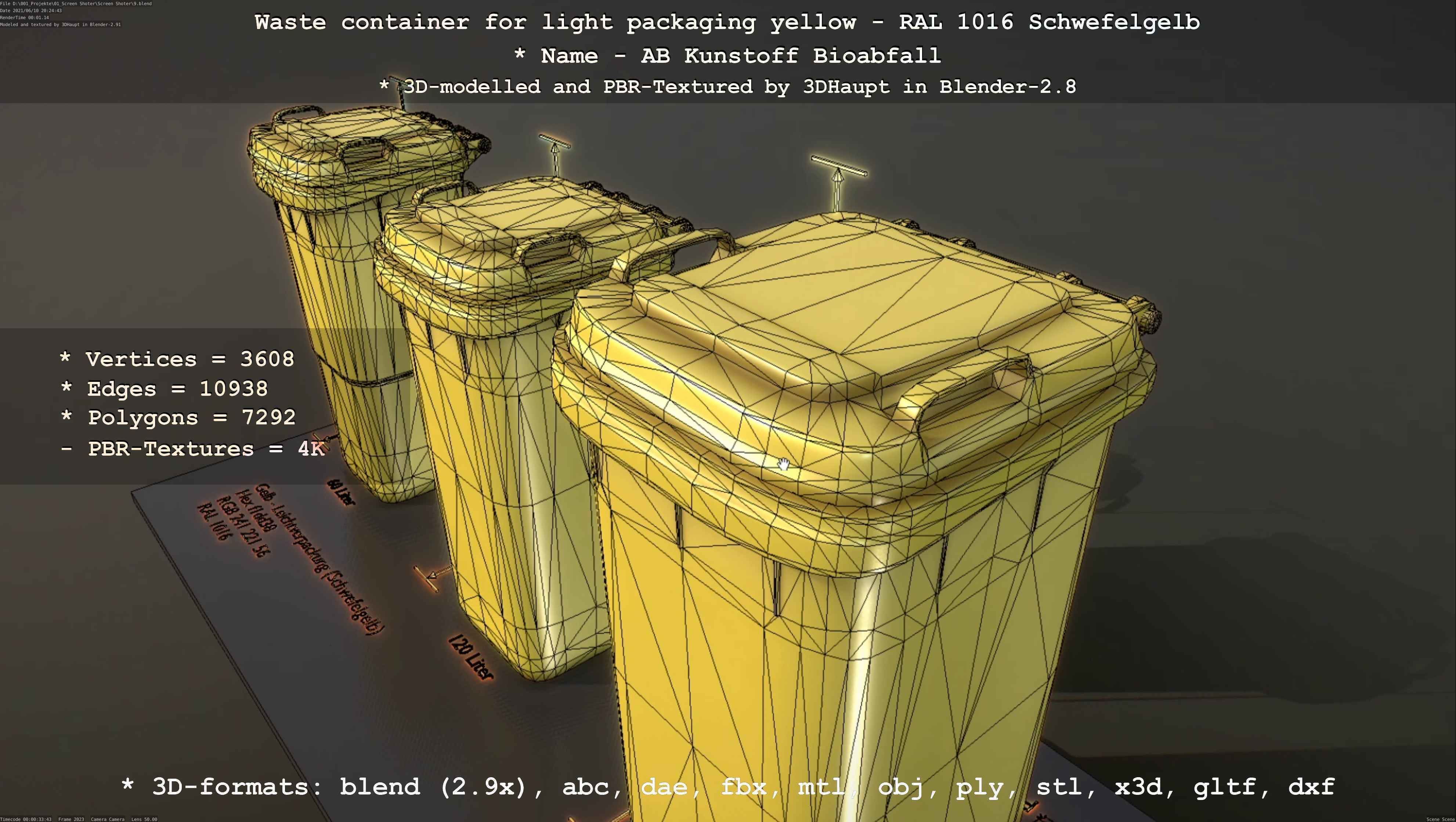 Waste container for light packaging yellow - RAL 1016  Low-poly 3D model_114
