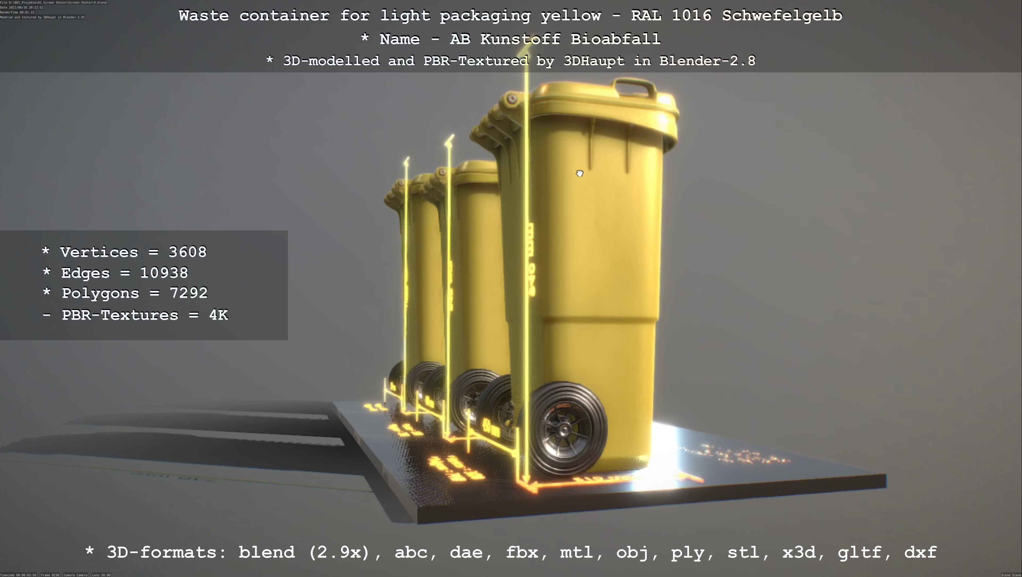 Waste container for light packaging yellow - RAL 1016  Low-poly 3D model_63