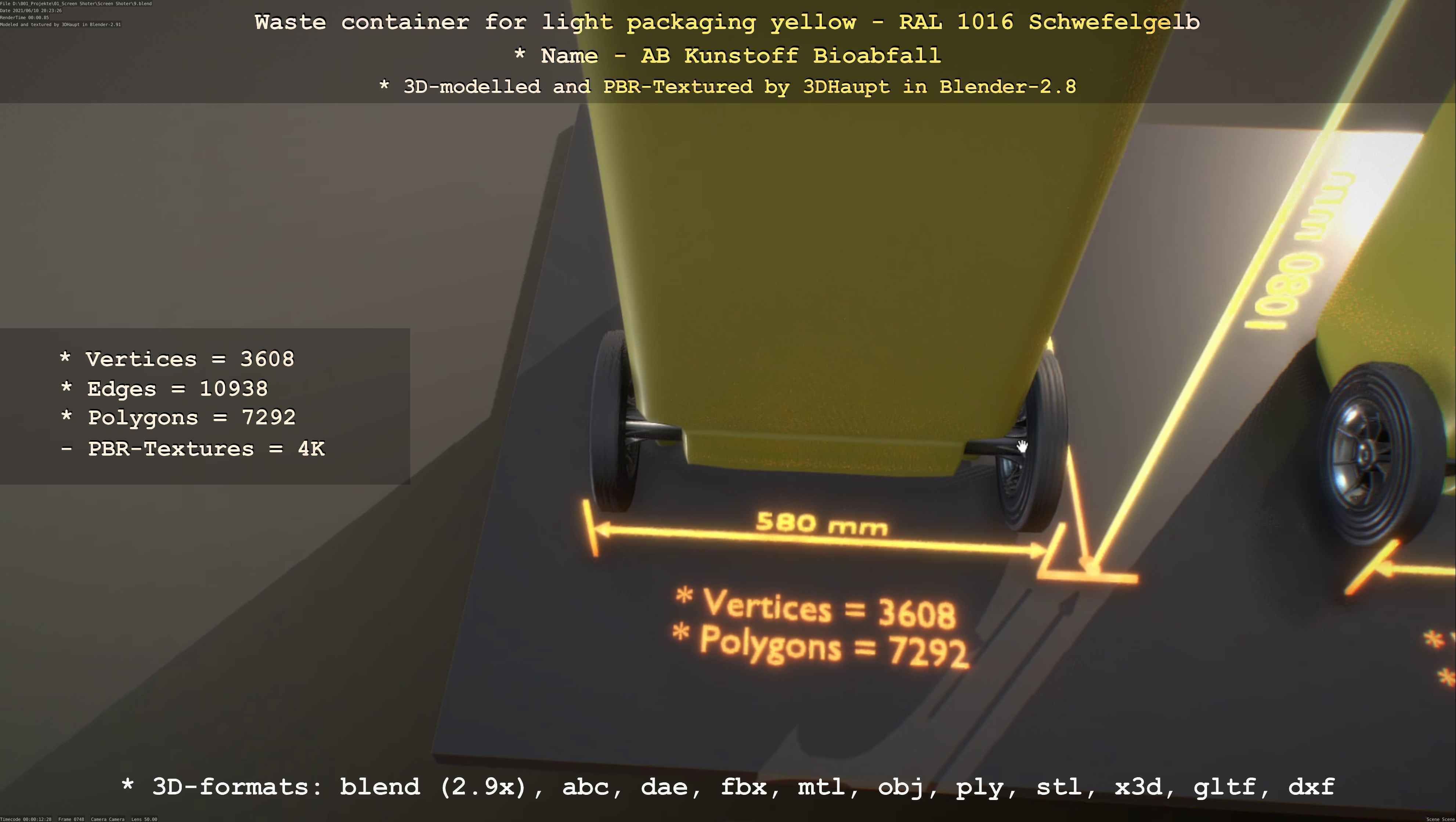 Waste container for light packaging yellow - RAL 1016  Low-poly 3D model_55