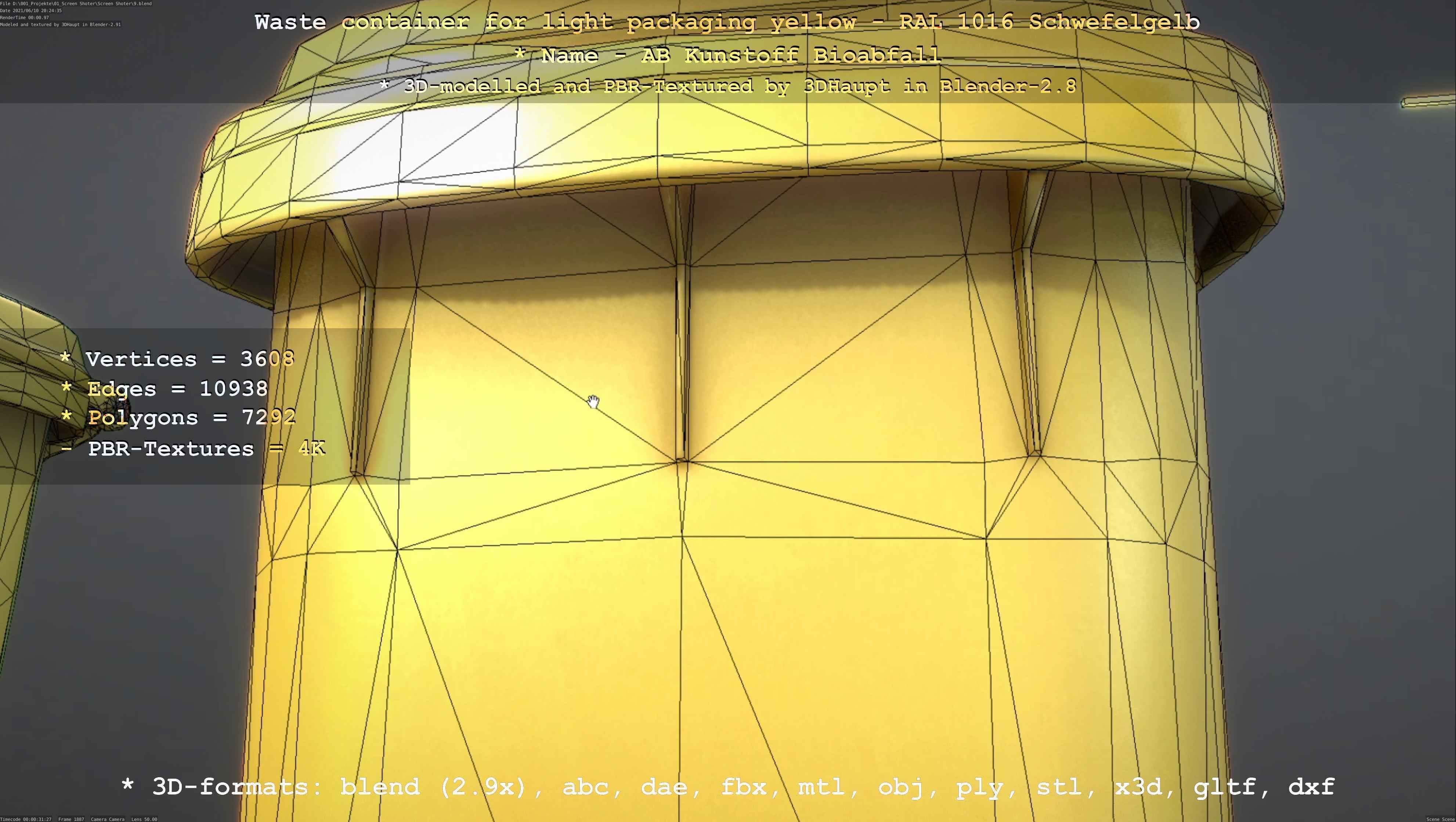 Waste container for light packaging yellow - RAL 1016  Low-poly 3D model_111