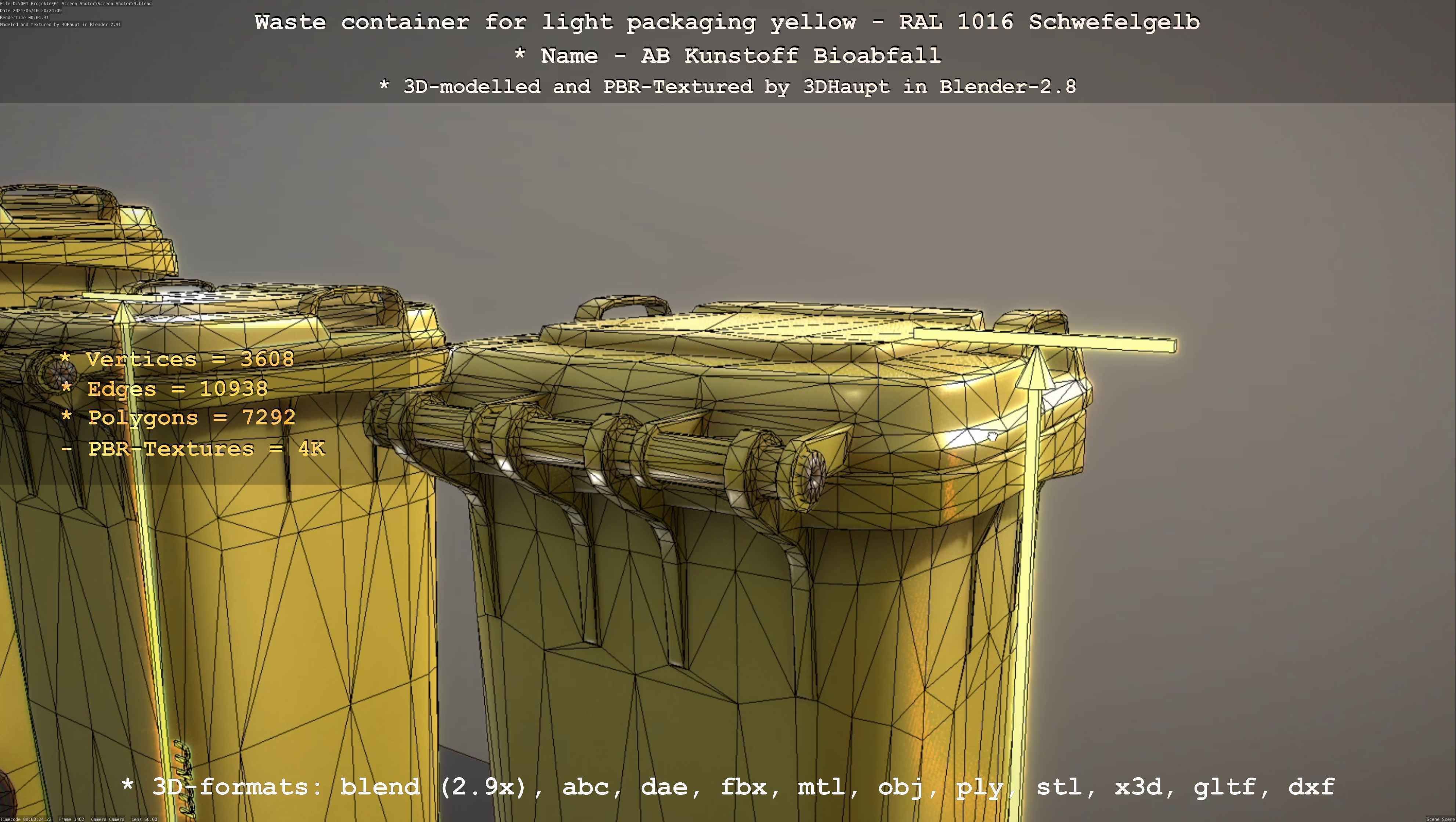 Waste container for light packaging yellow - RAL 1016  Low-poly 3D model_91