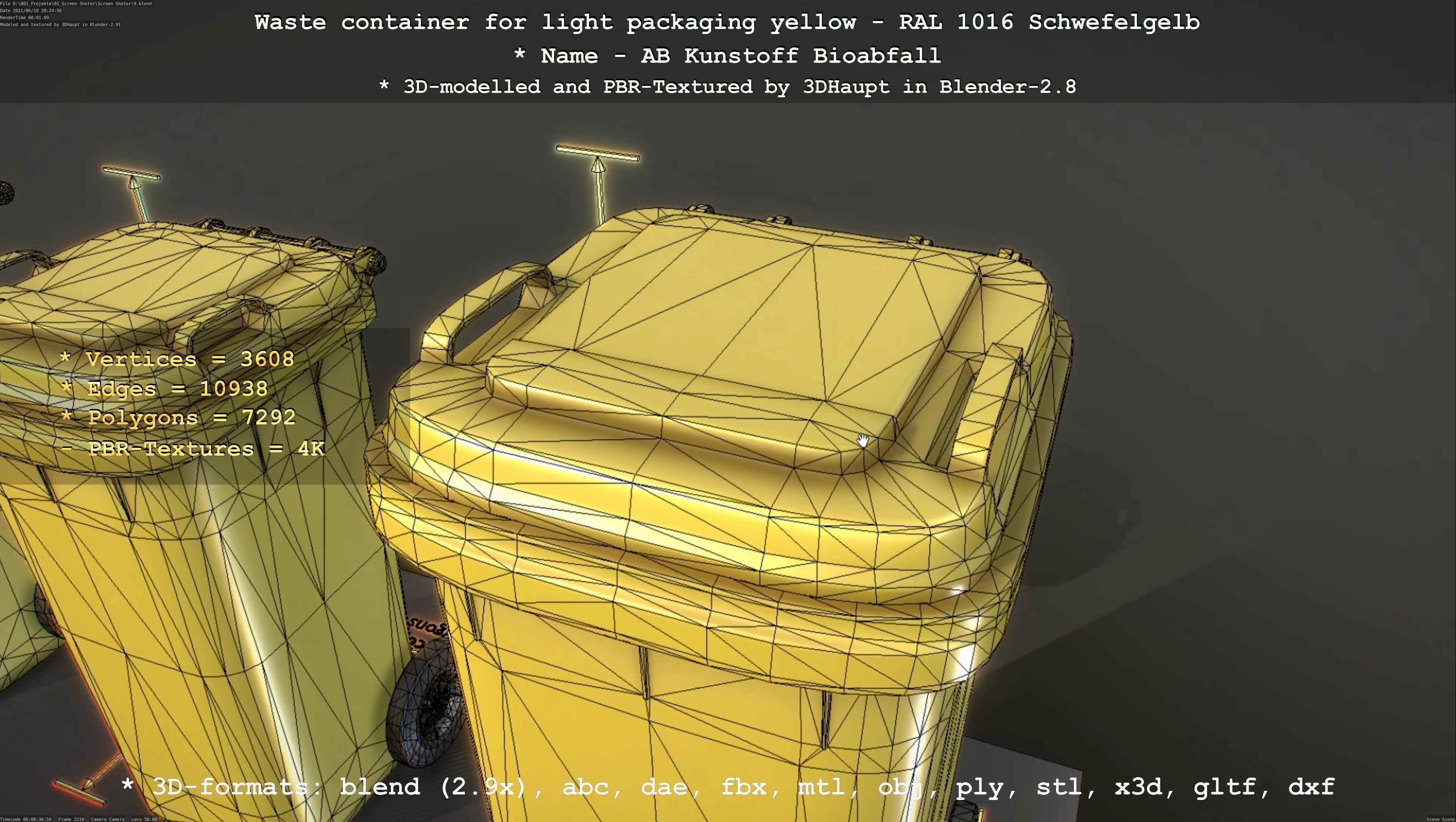 Waste container for light packaging yellow - RAL 1016  Low-poly 3D model_9