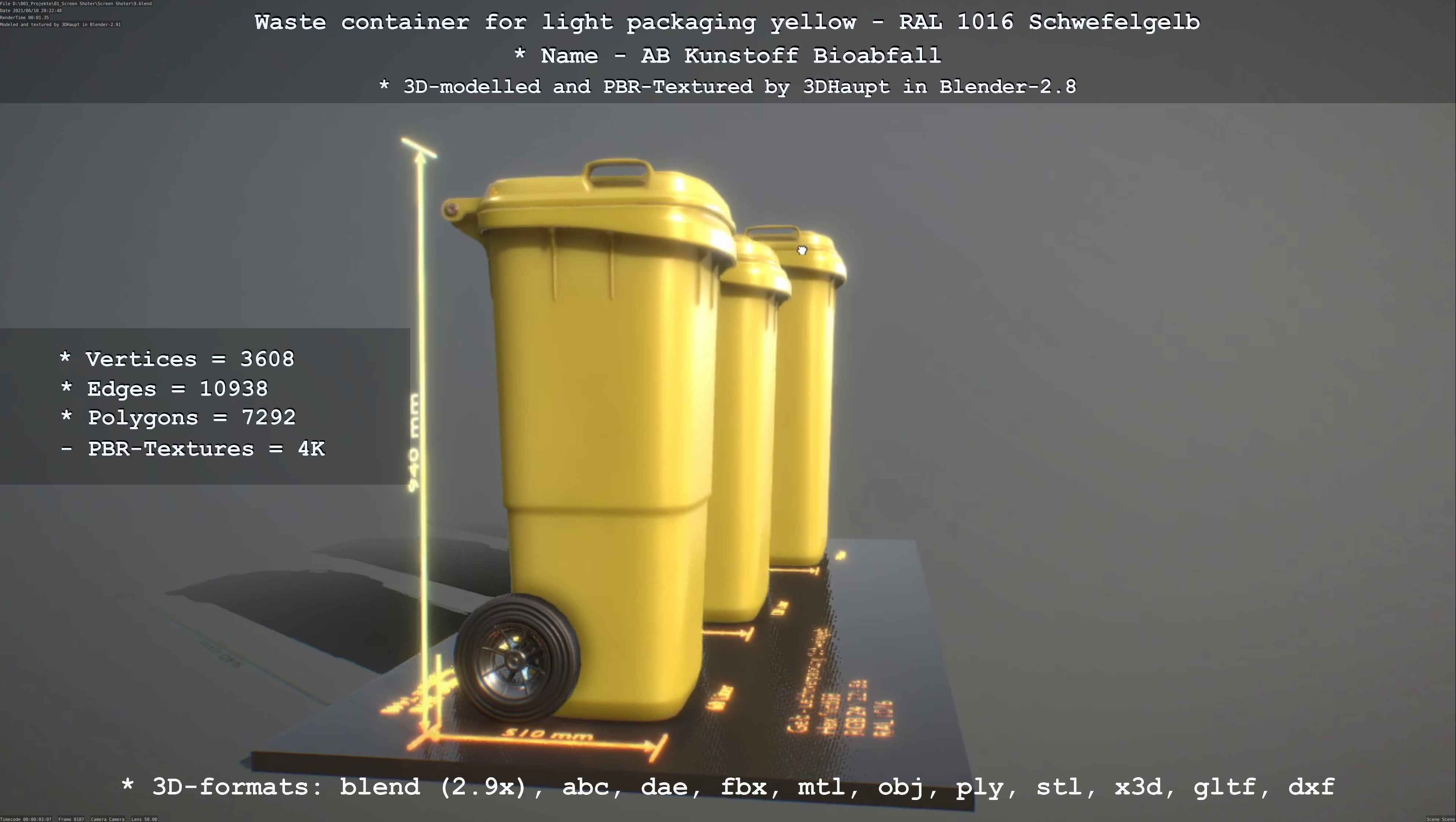 Waste container for light packaging yellow - RAL 1016  Low-poly 3D model_32