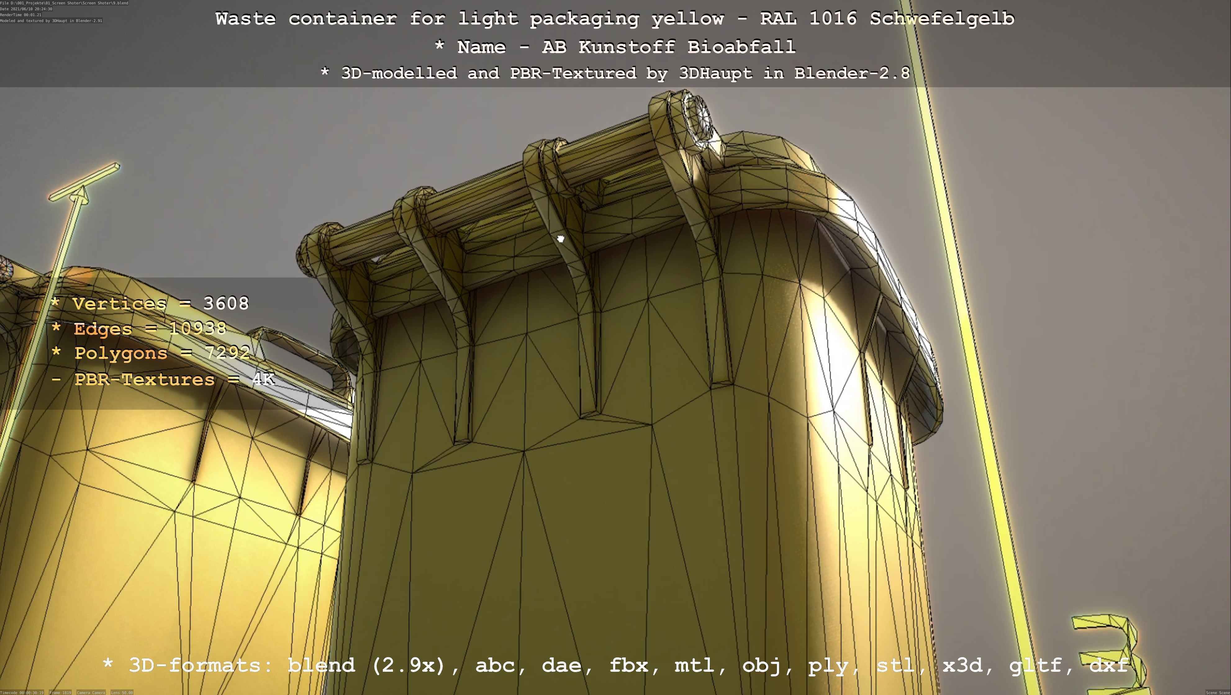 Waste container for light packaging yellow - RAL 1016  Low-poly 3D model_3