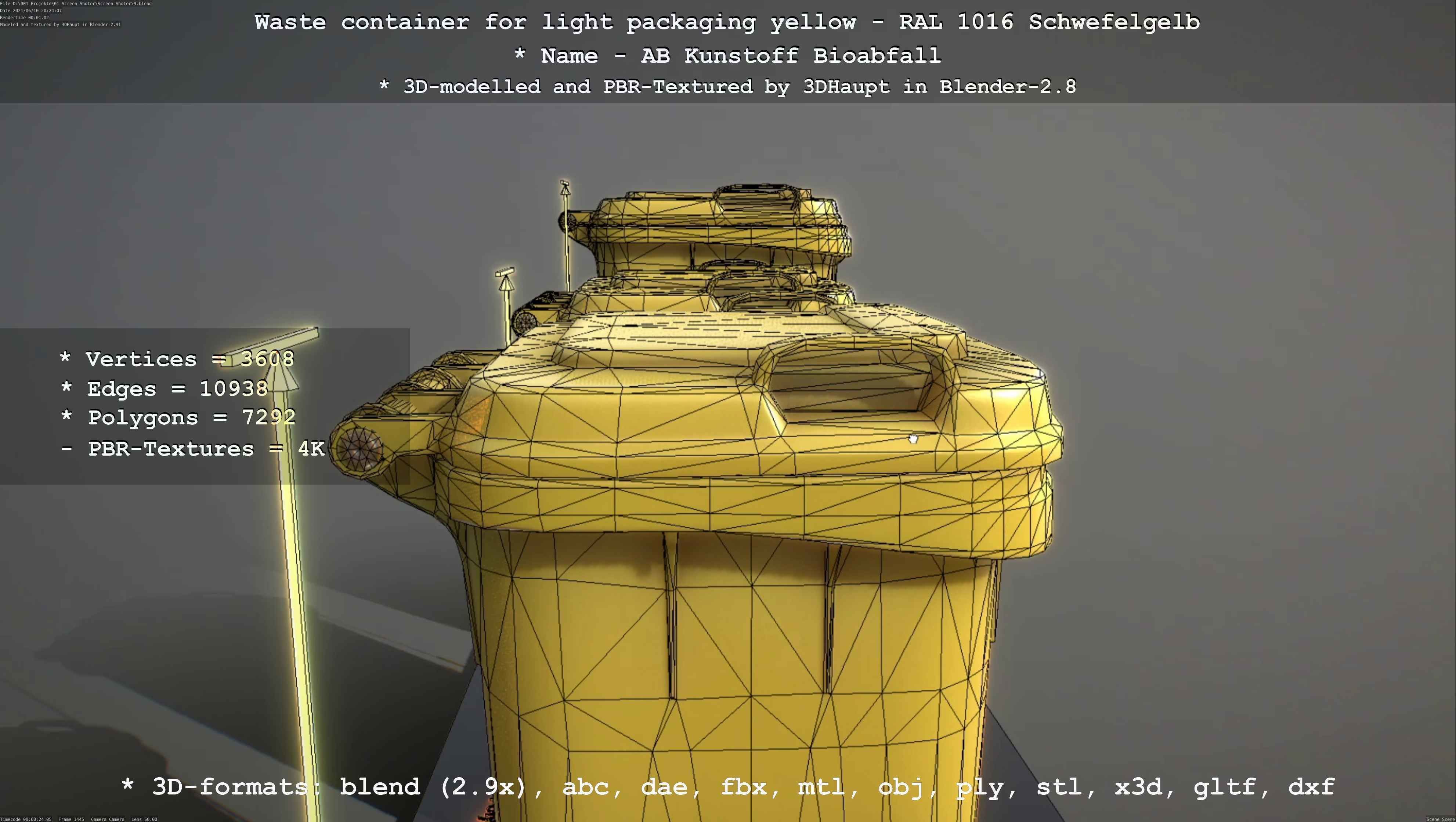 Waste container for light packaging yellow - RAL 1016  Low-poly 3D model_38