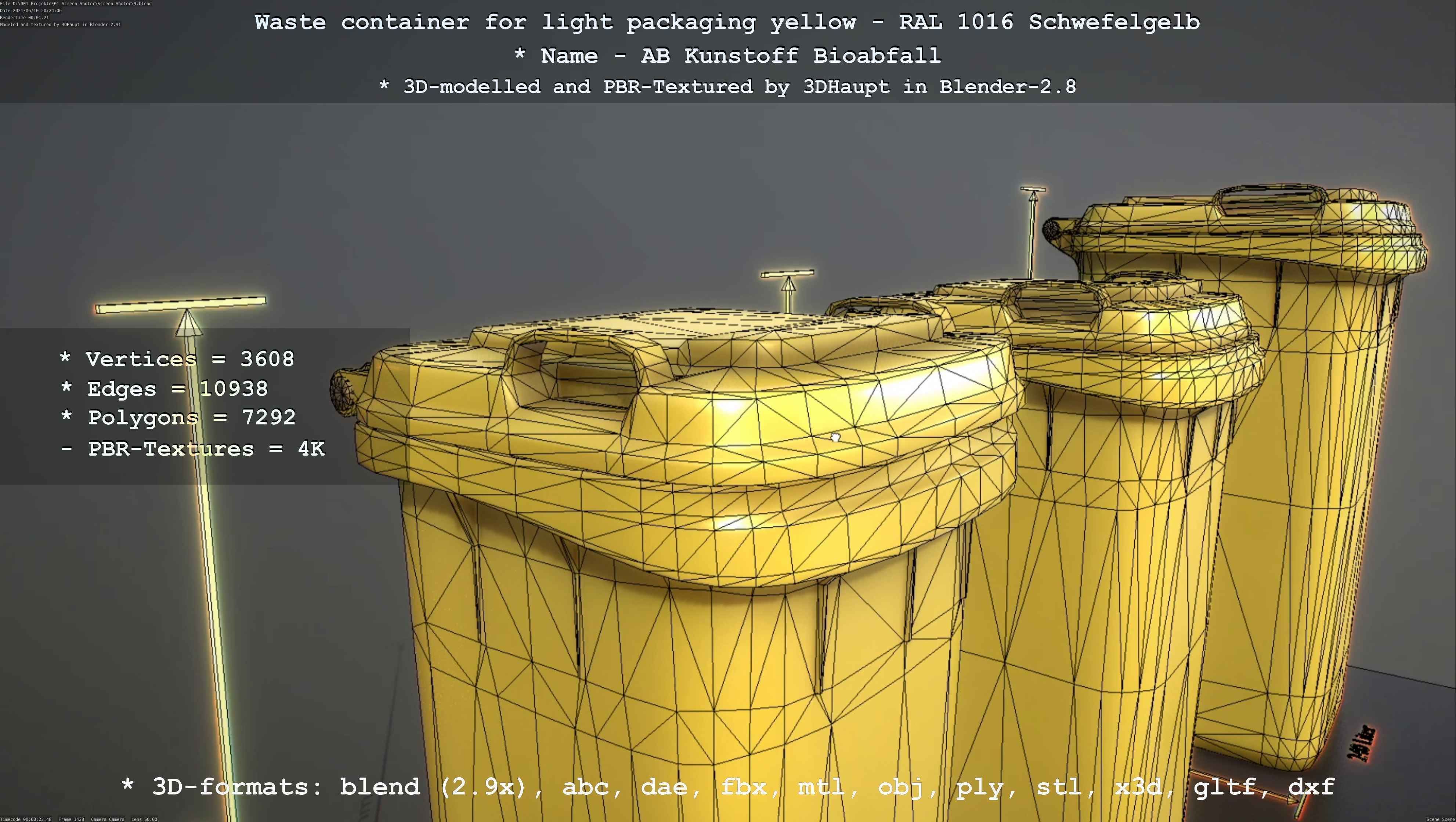 Waste container for light packaging yellow - RAL 1016  Low-poly 3D model_90