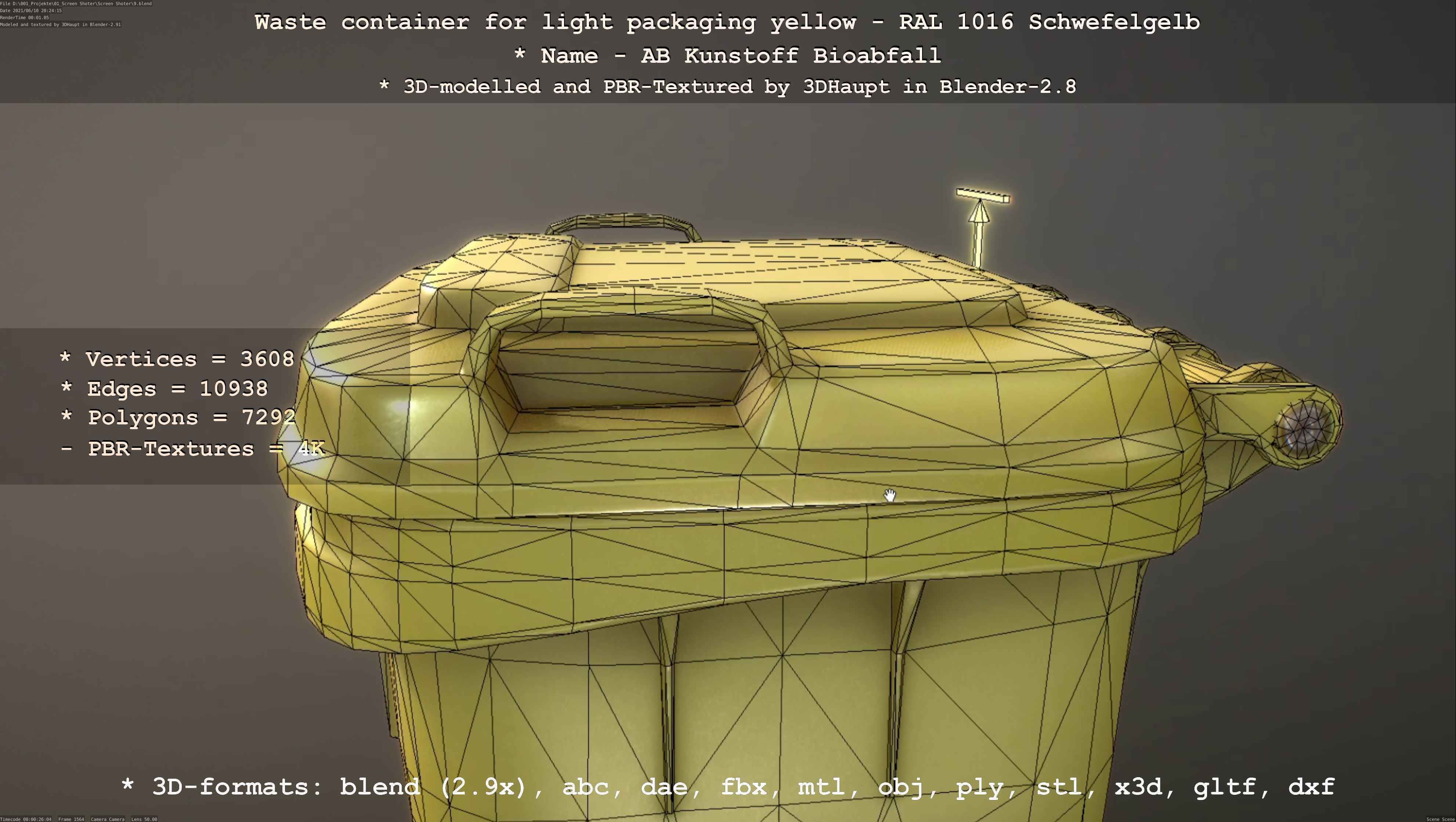 Waste container for light packaging yellow - RAL 1016  Low-poly 3D model_94