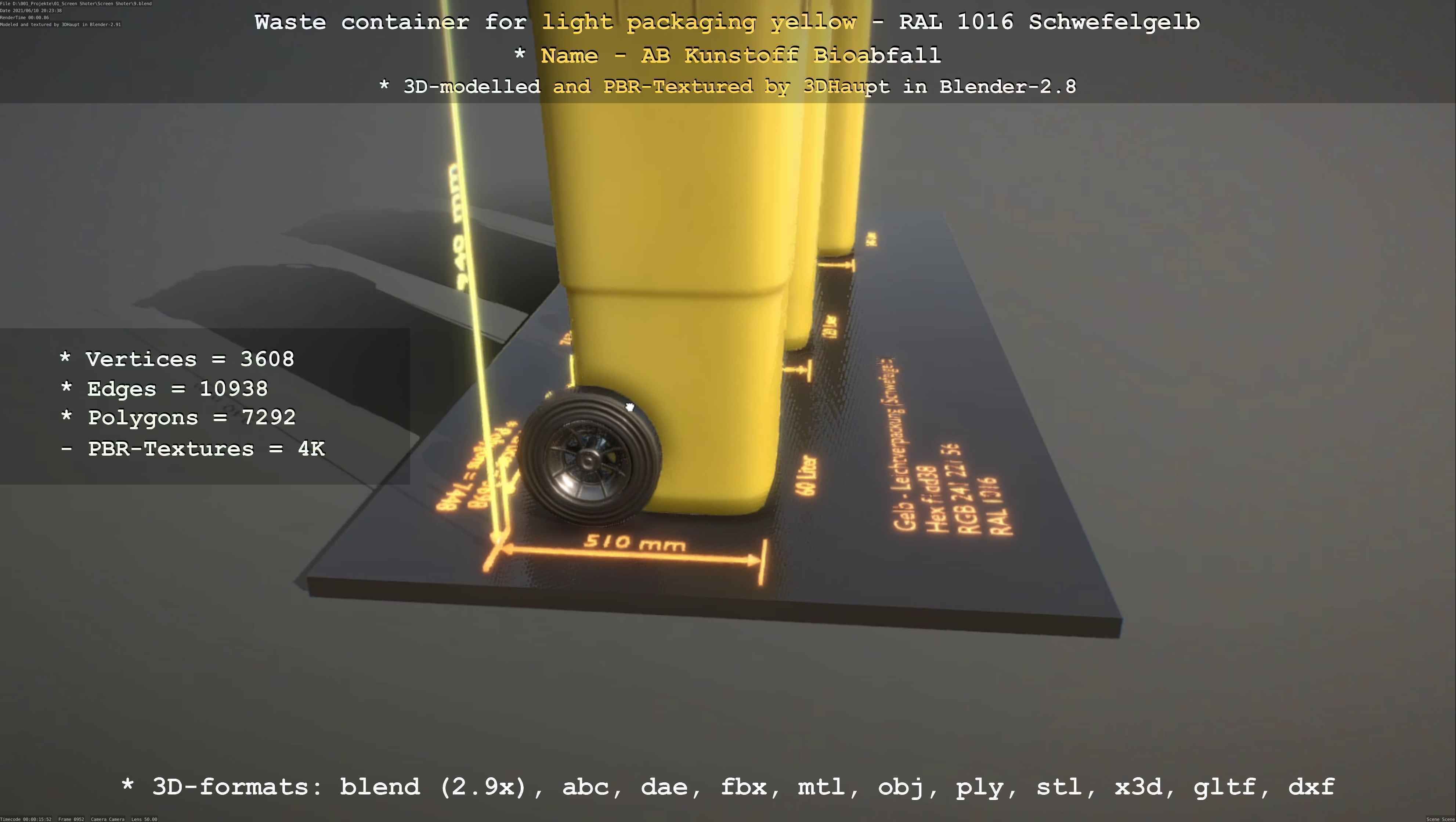 Waste container for light packaging yellow - RAL 1016  Low-poly 3D model_67
