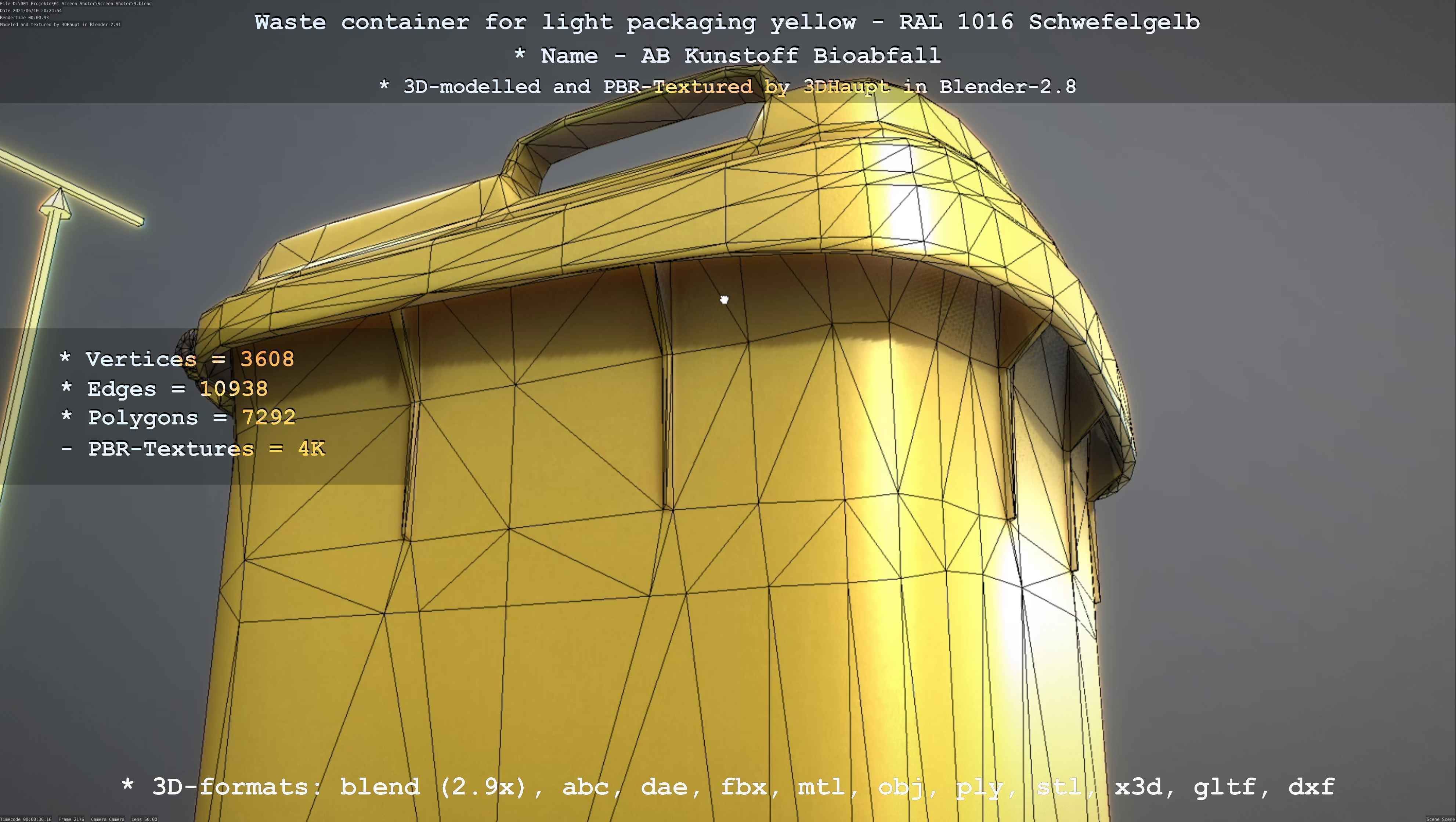 Waste container for light packaging yellow - RAL 1016  Low-poly 3D model_8