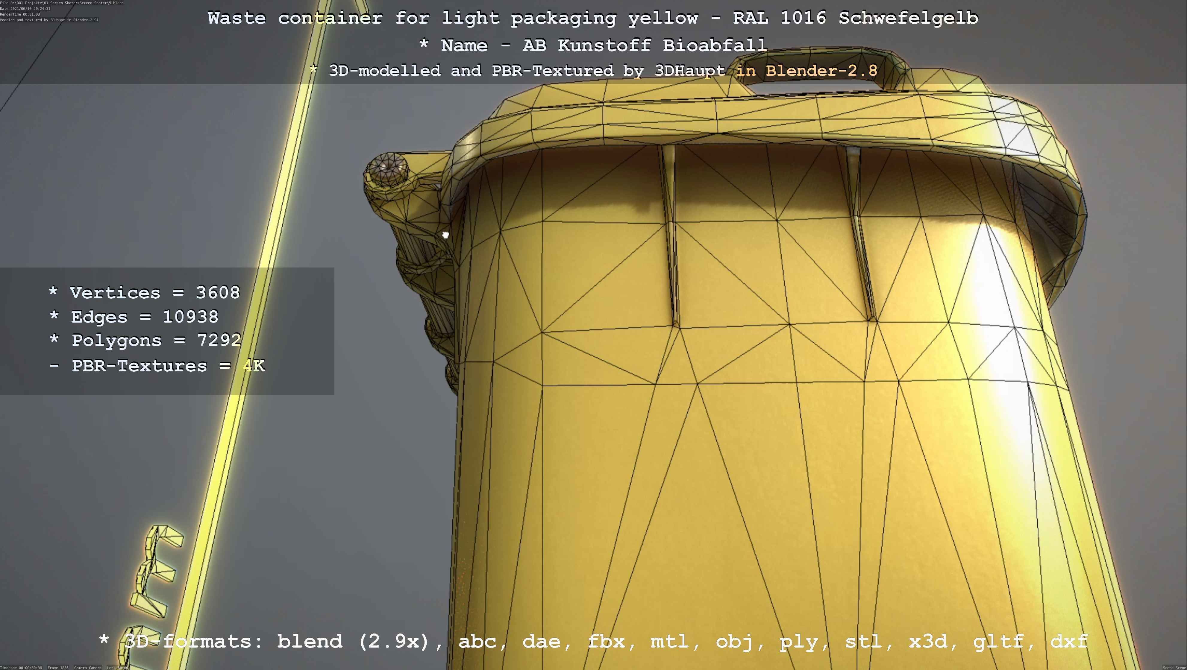 Waste container for light packaging yellow - RAL 1016  Low-poly 3D model_108