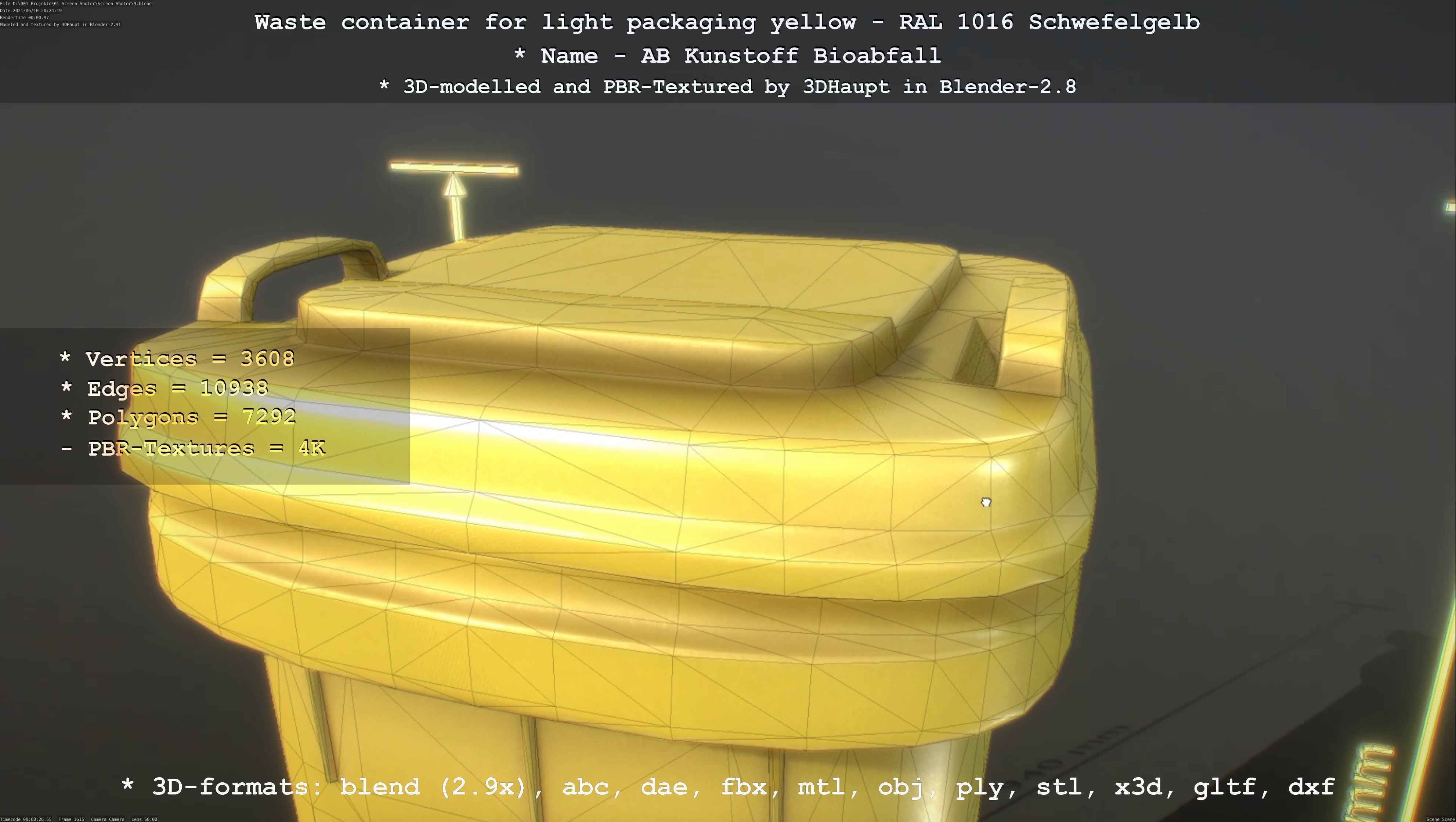 Waste container for light packaging yellow - RAL 1016  Low-poly 3D model_98