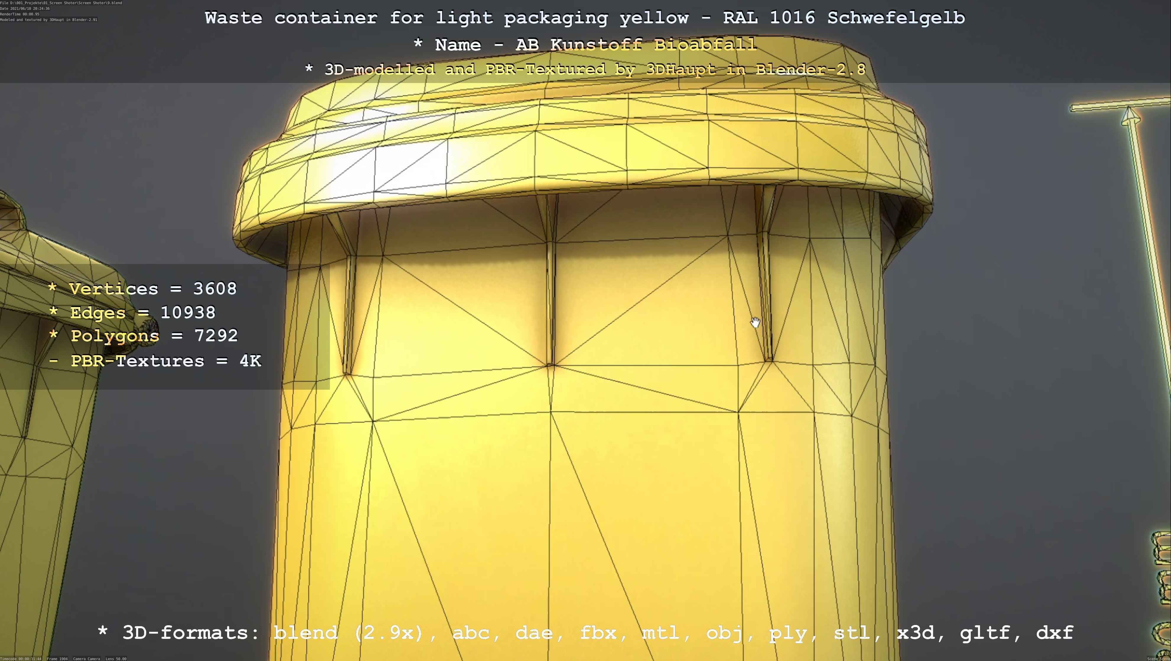 Waste container for light packaging yellow - RAL 1016  Low-poly 3D model_4