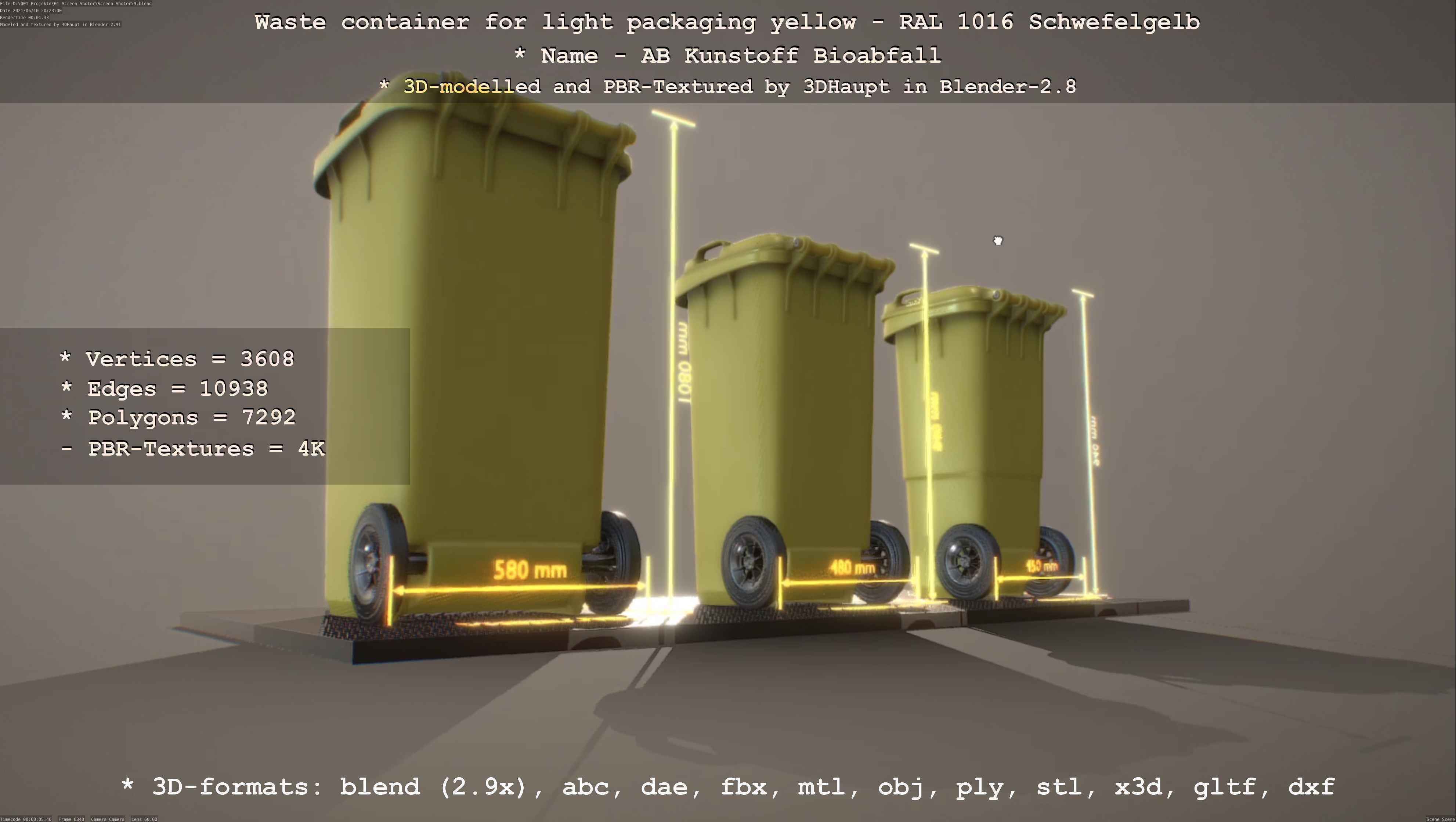 Waste container for light packaging yellow - RAL 1016  Low-poly 3D model_85