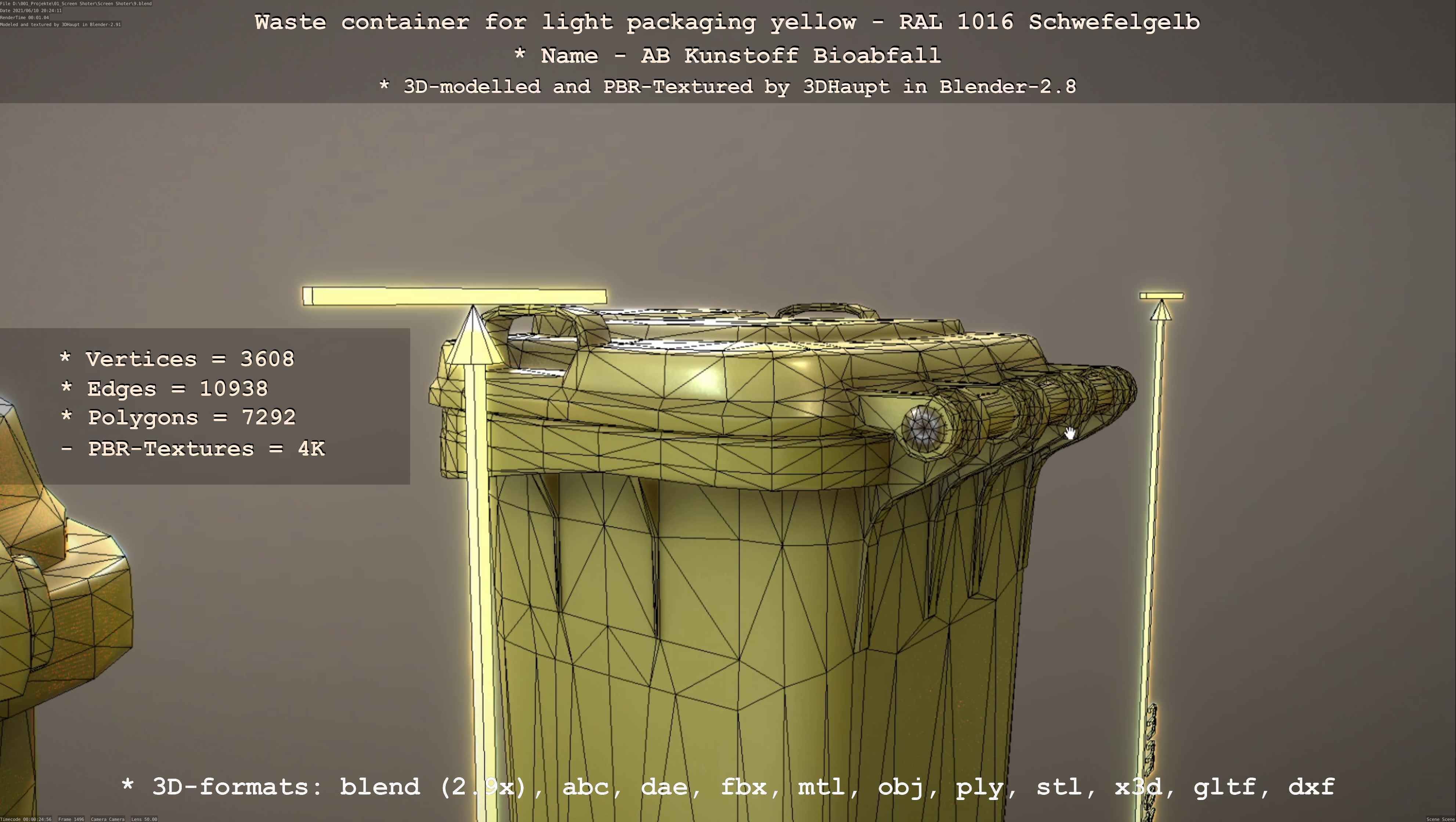 Waste container for light packaging yellow - RAL 1016  Low-poly 3D model_93