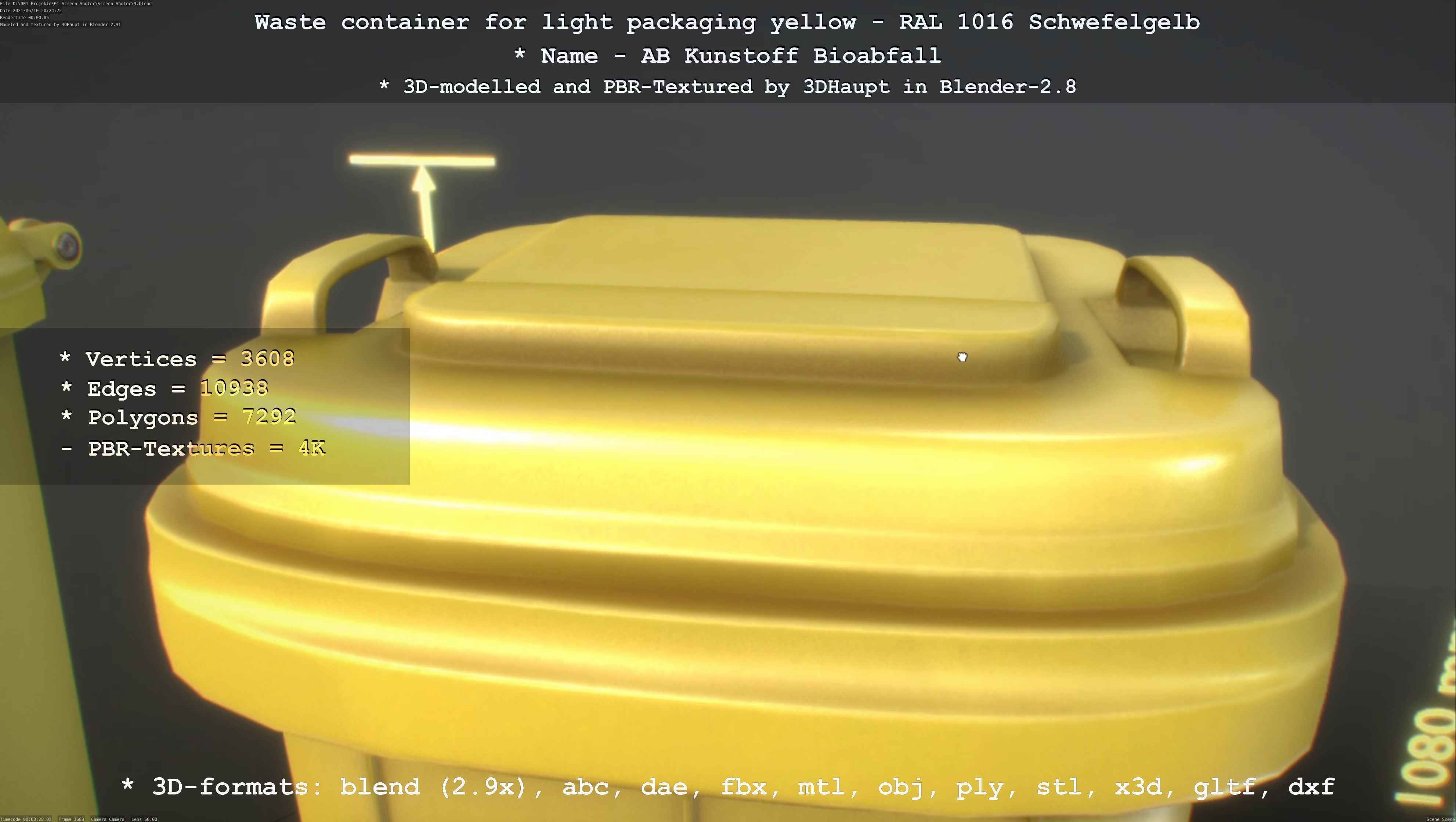 Waste container for light packaging yellow - RAL 1016  Low-poly 3D model_102