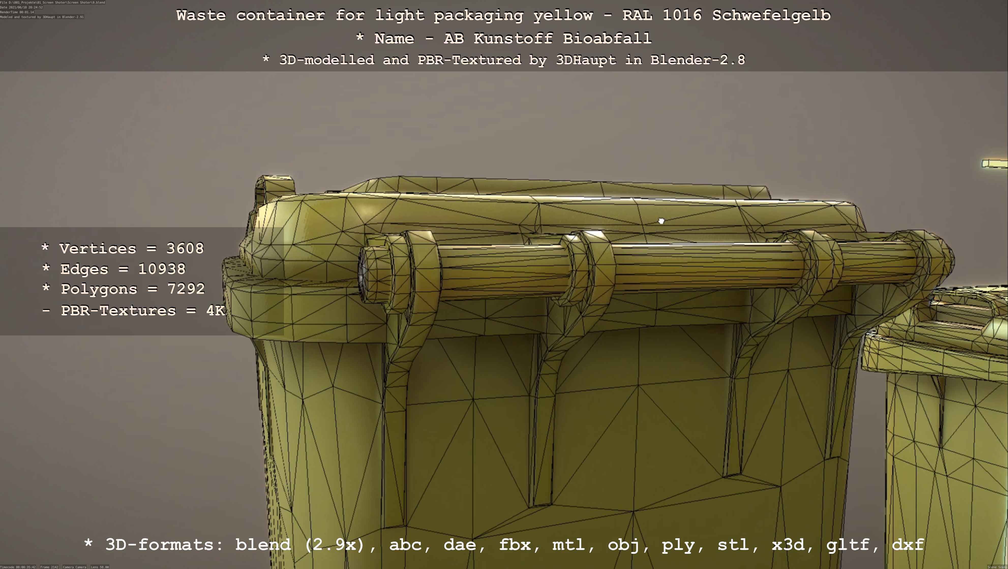 Waste container for light packaging yellow - RAL 1016  Low-poly 3D model_121