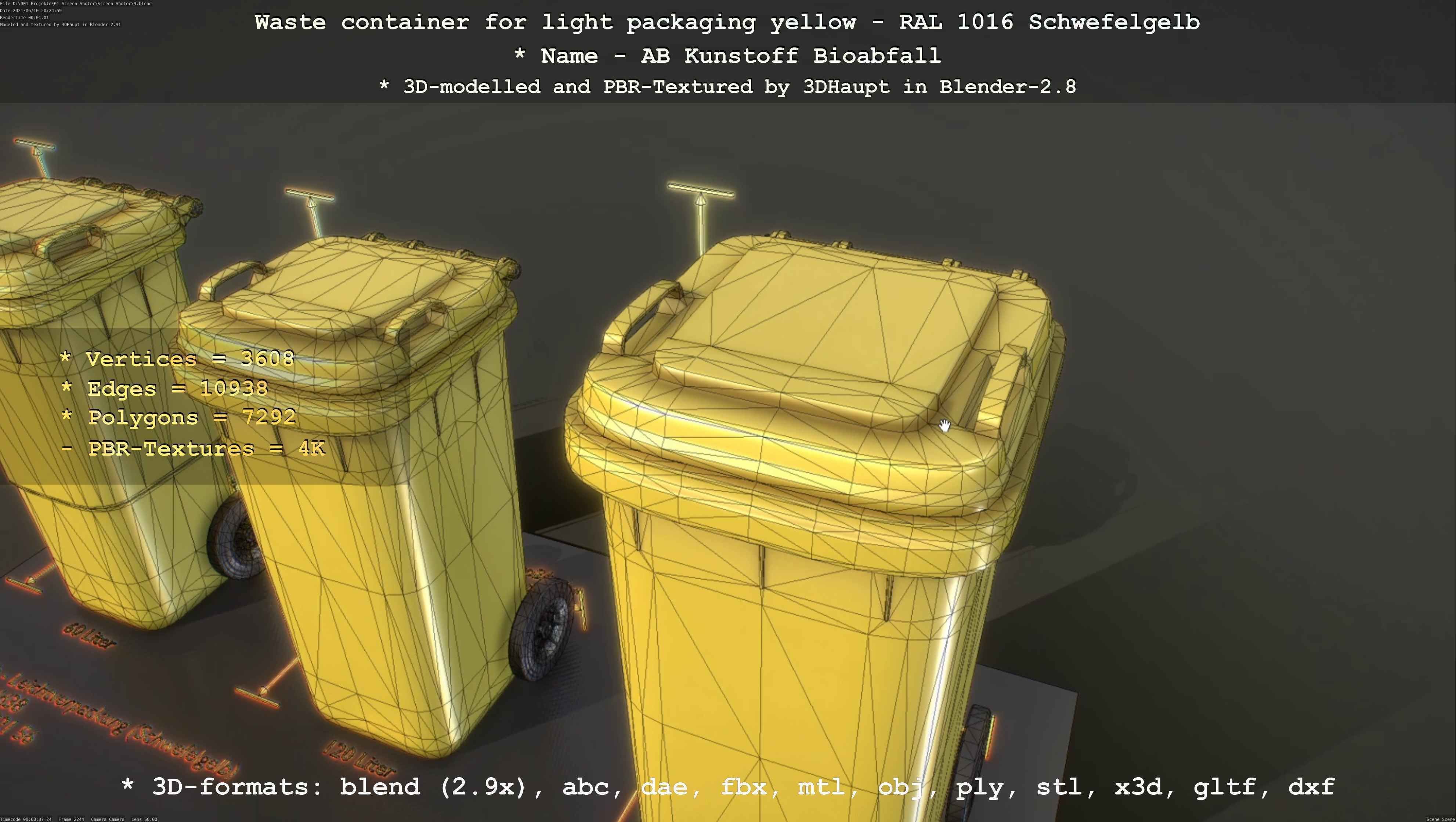 Waste container for light packaging yellow - RAL 1016  Low-poly 3D model_125