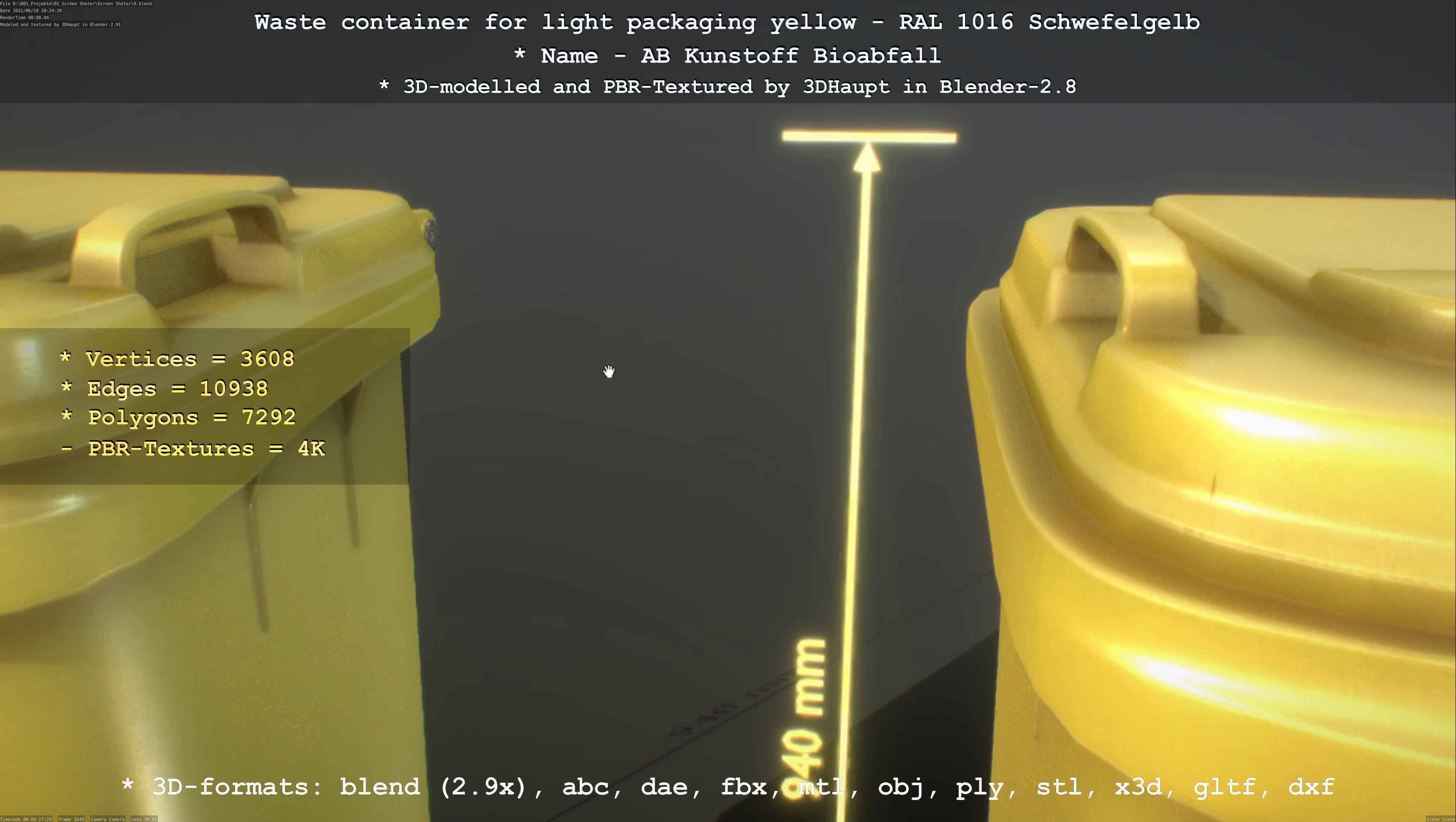 Waste container for light packaging yellow - RAL 1016  Low-poly 3D model_100