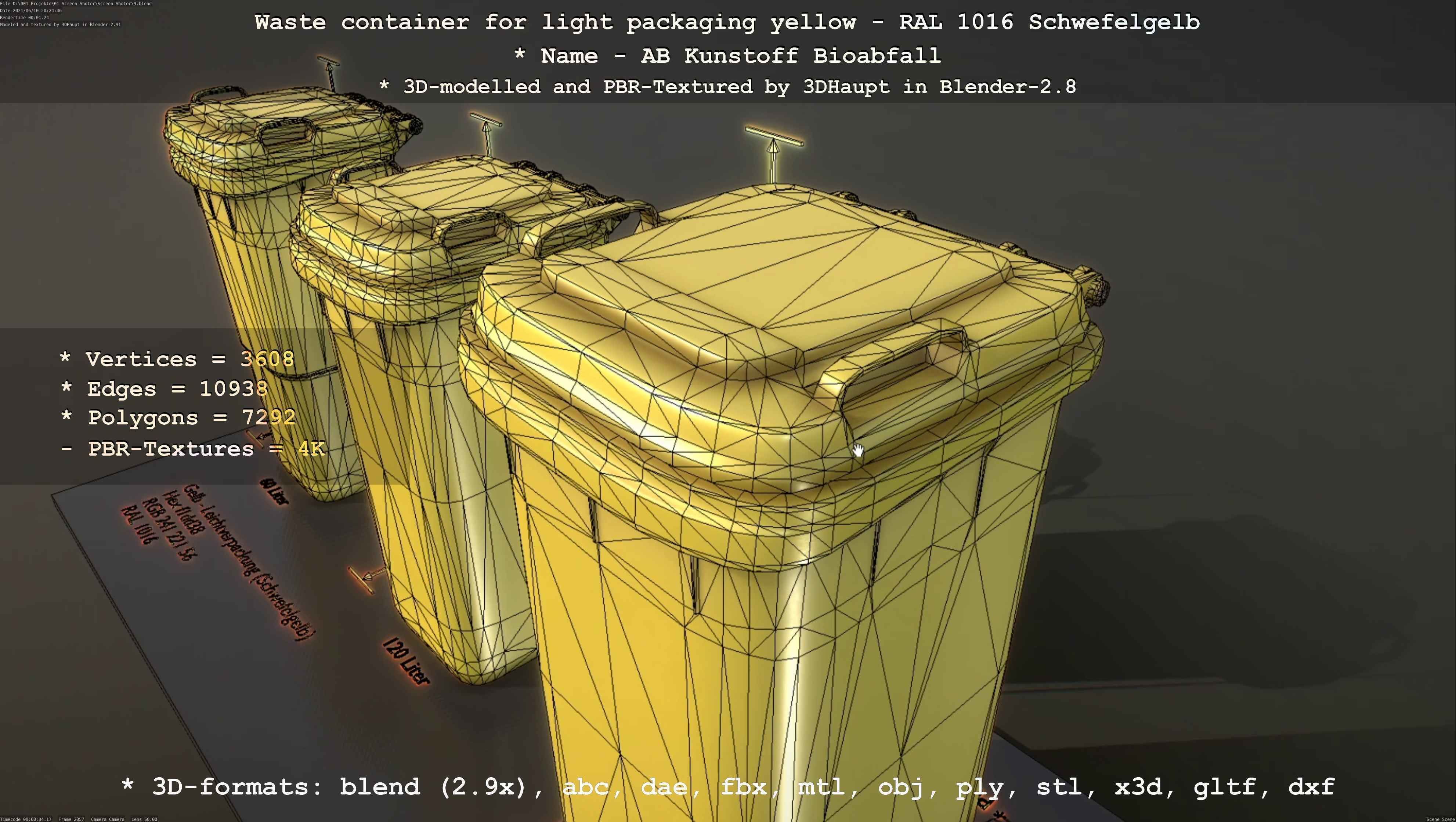 Waste container for light packaging yellow - RAL 1016  Low-poly 3D model_116
