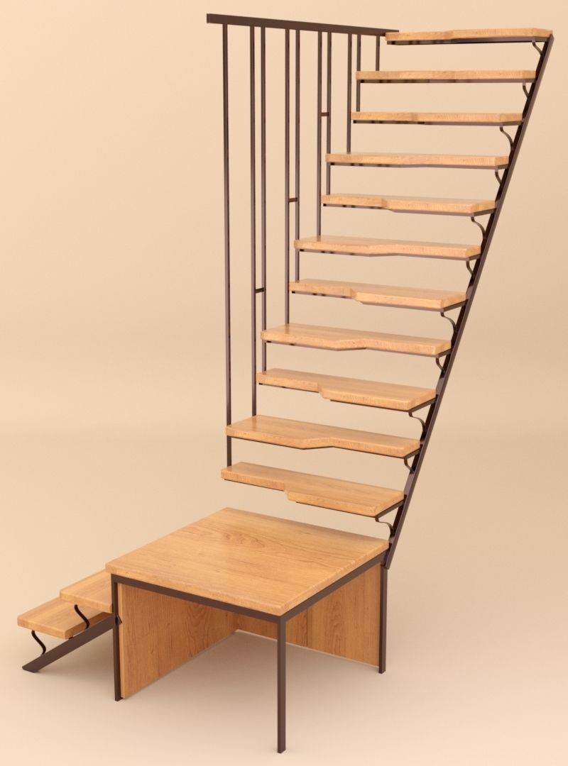 stairs wooden staircase with metal railings 3D model_10