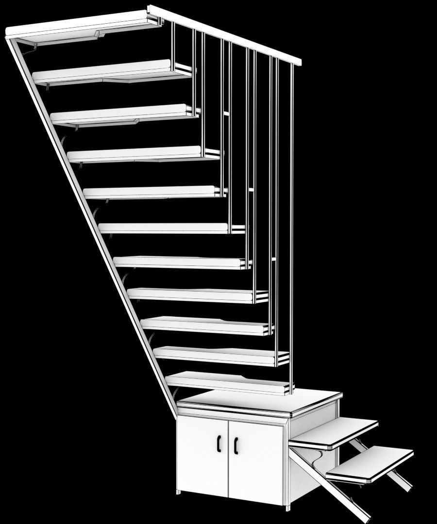 stairs wooden staircase with metal railings 3D model_1