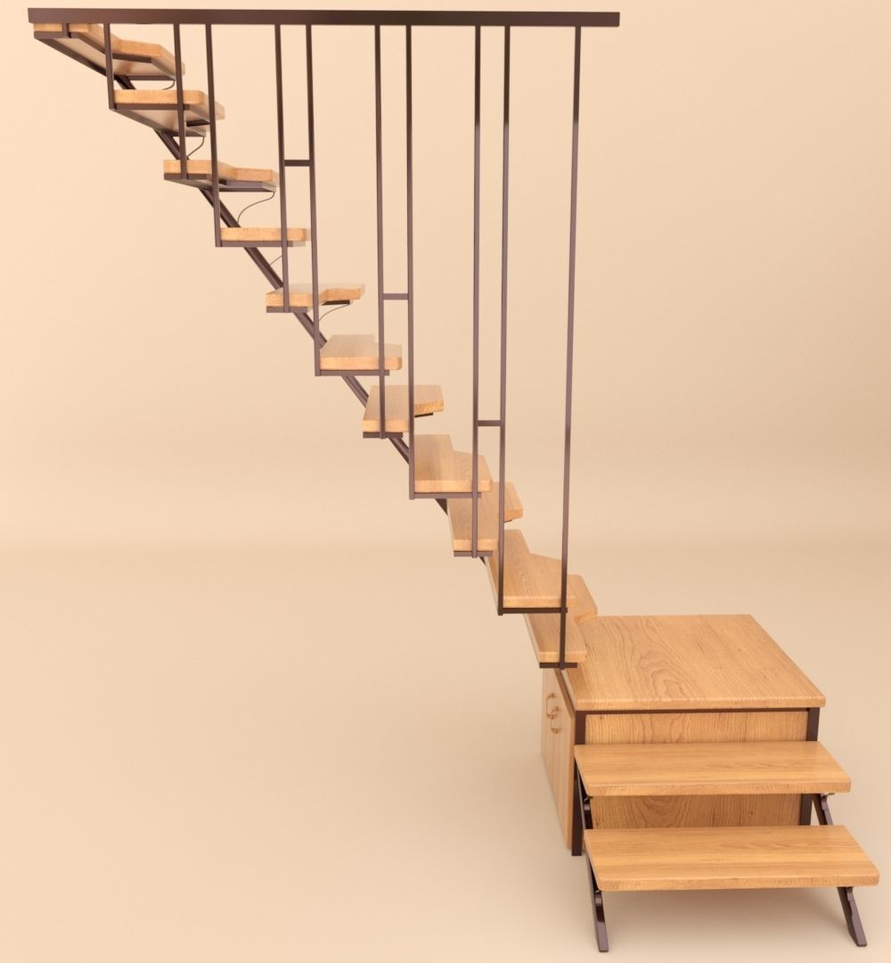 stairs wooden staircase with metal railings 3D model_8