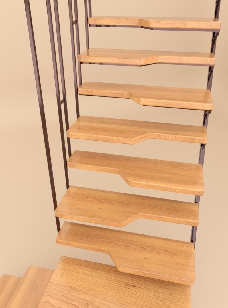 stairs wooden staircase with metal railings 3D model_2