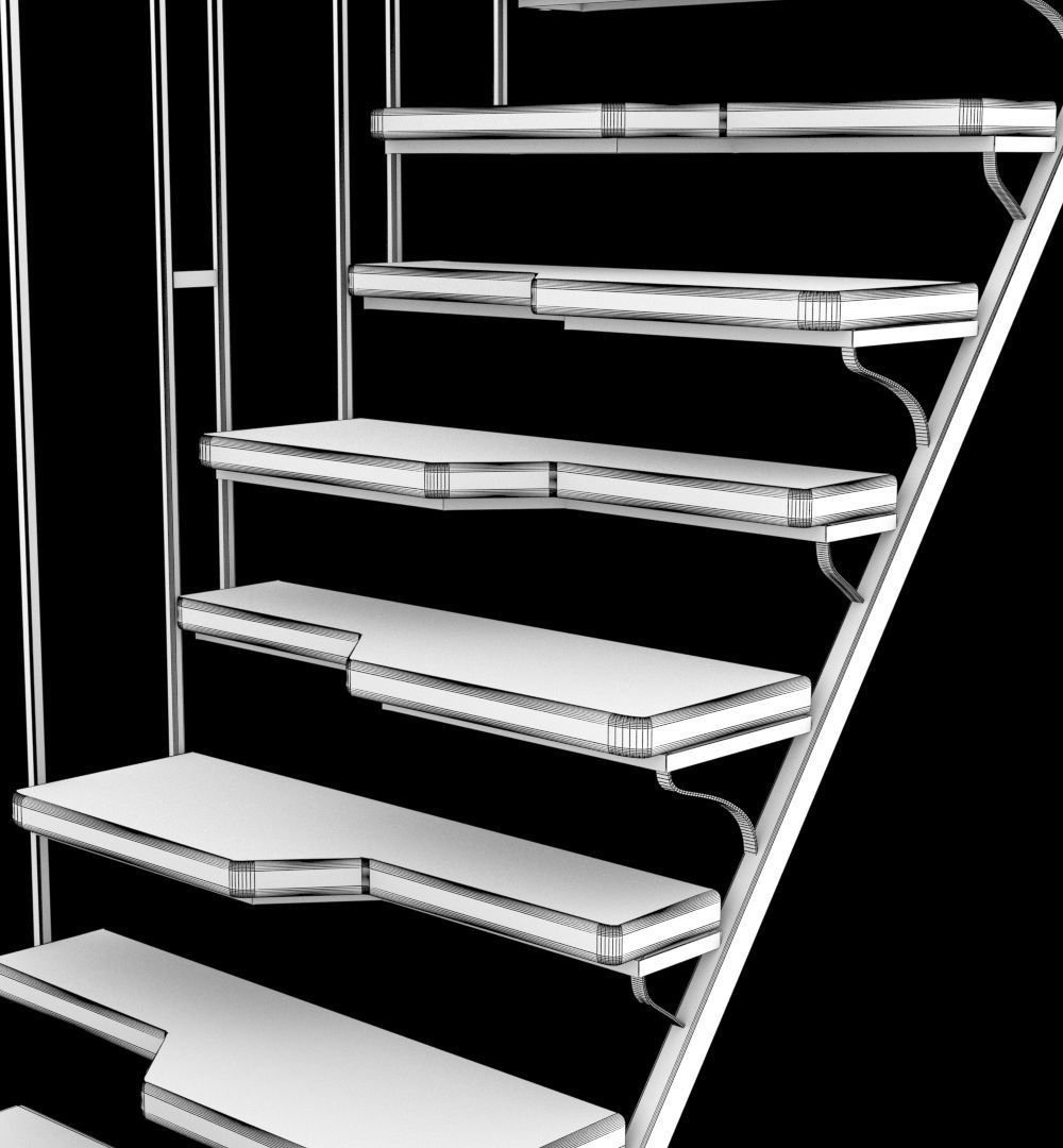 stairs wooden staircase with metal railings 3D model_5