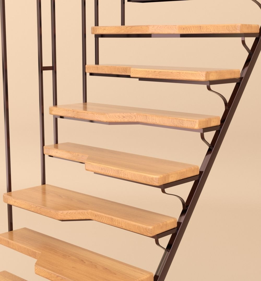 stairs wooden staircase with metal railings 3D model_4