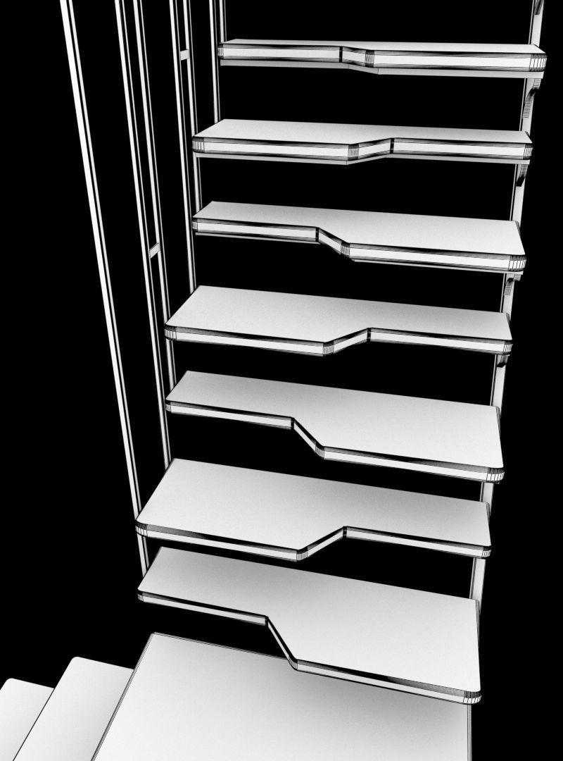 stairs wooden staircase with metal railings 3D model_3