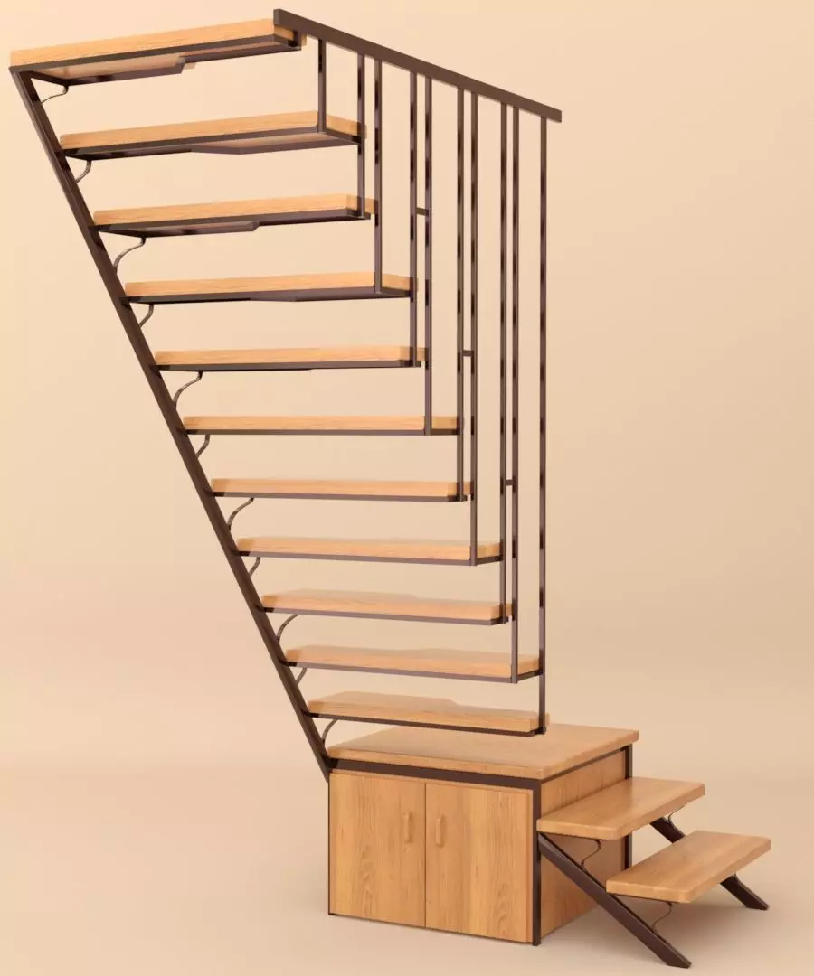 stairs wooden staircase with metal railings 3D model_0