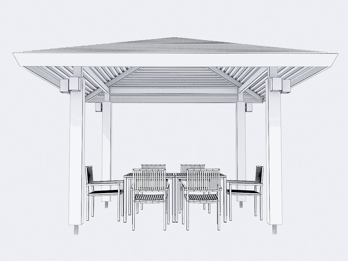 pavilion wooden gazebo with table and chairs Free 3D model_1