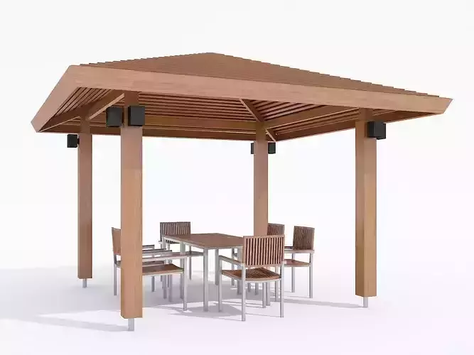 pavilion wooden gazebo with table and chairs