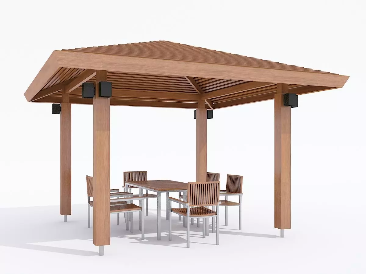 pavilion wooden gazebo with table and chairs Free 3D model_0