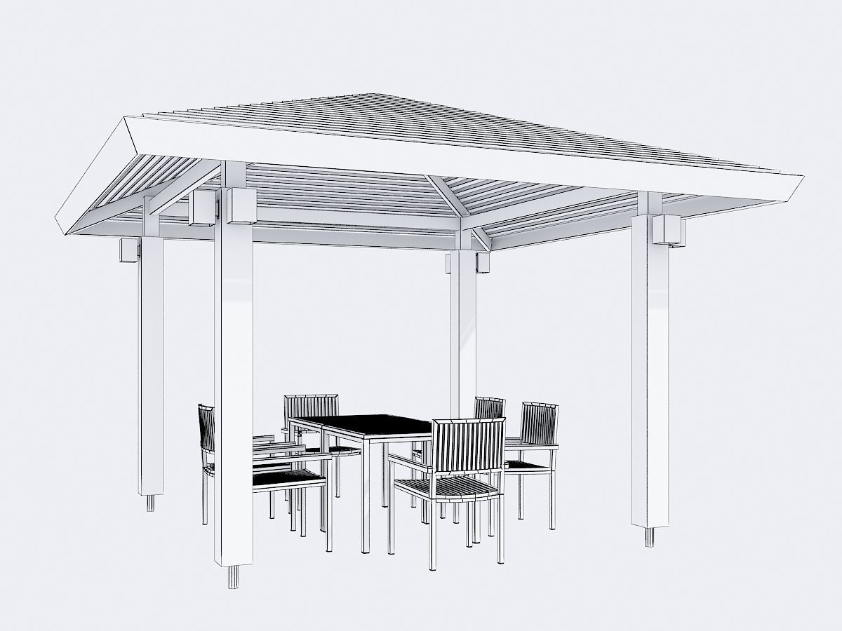 pavilion wooden gazebo with table and chairs Free 3D model_2