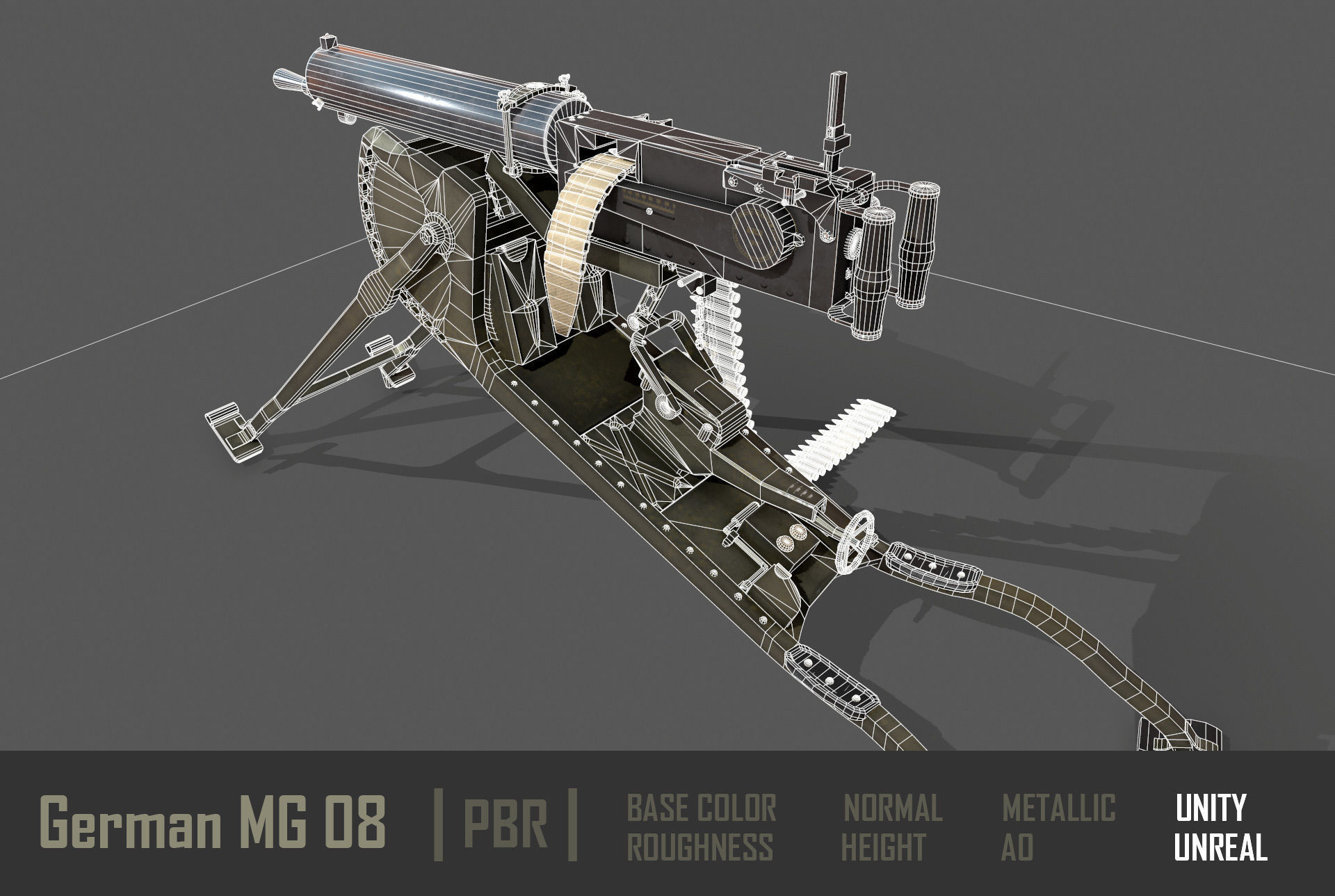 German  MG-08 Machine Gun Low-poly 3D model_12