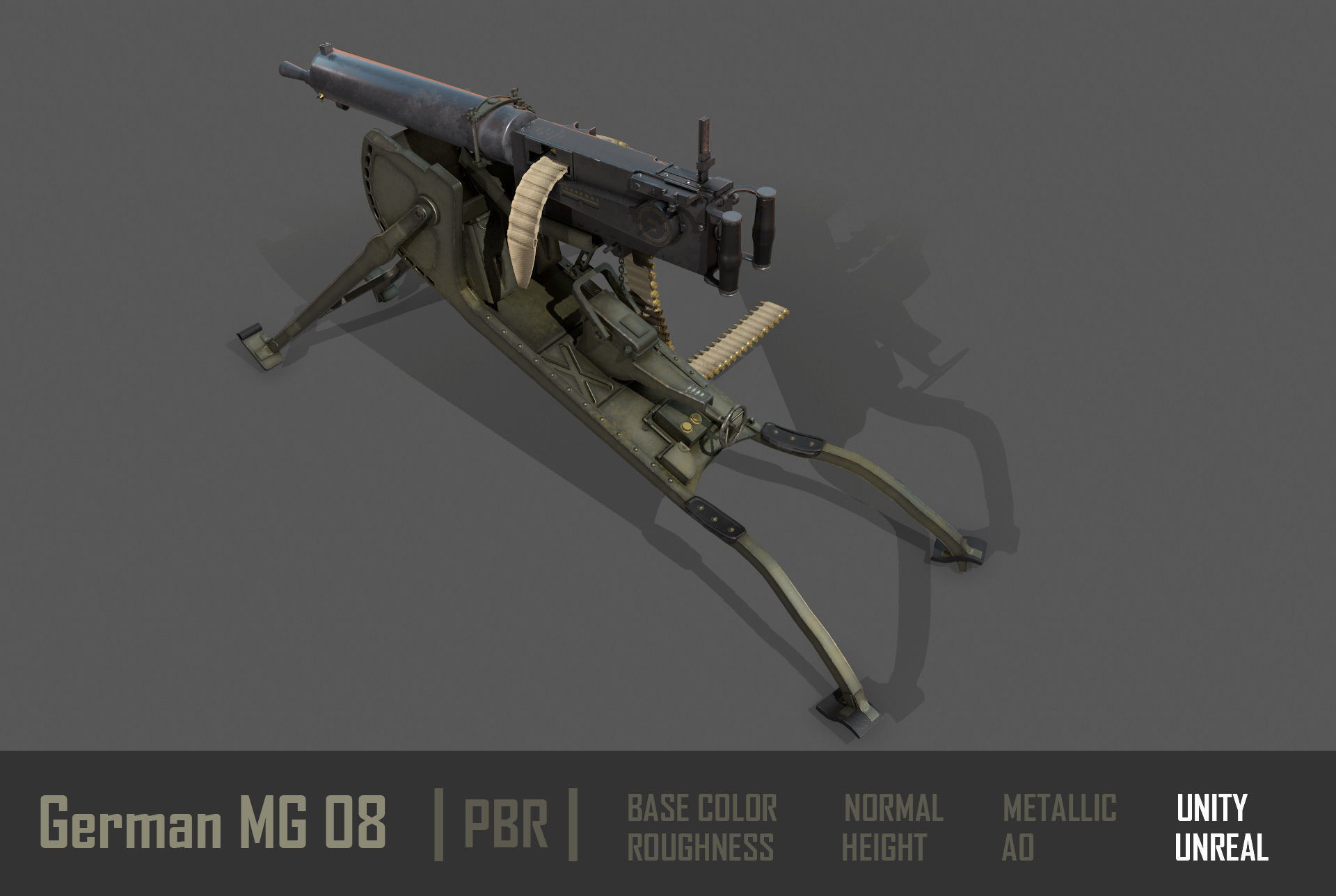 German  MG-08 Machine Gun Low-poly 3D model_8