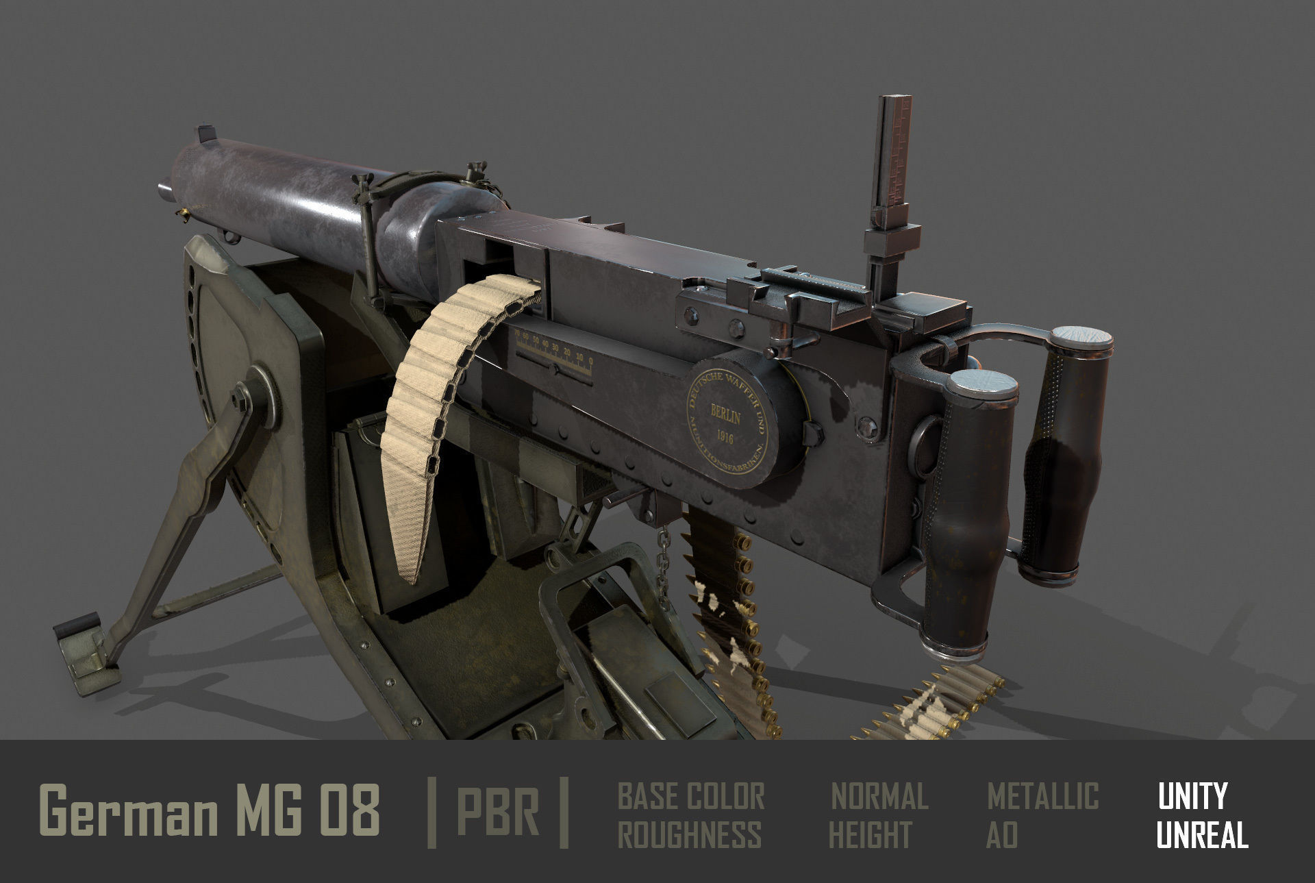 German  MG-08 Machine Gun Low-poly 3D model_7