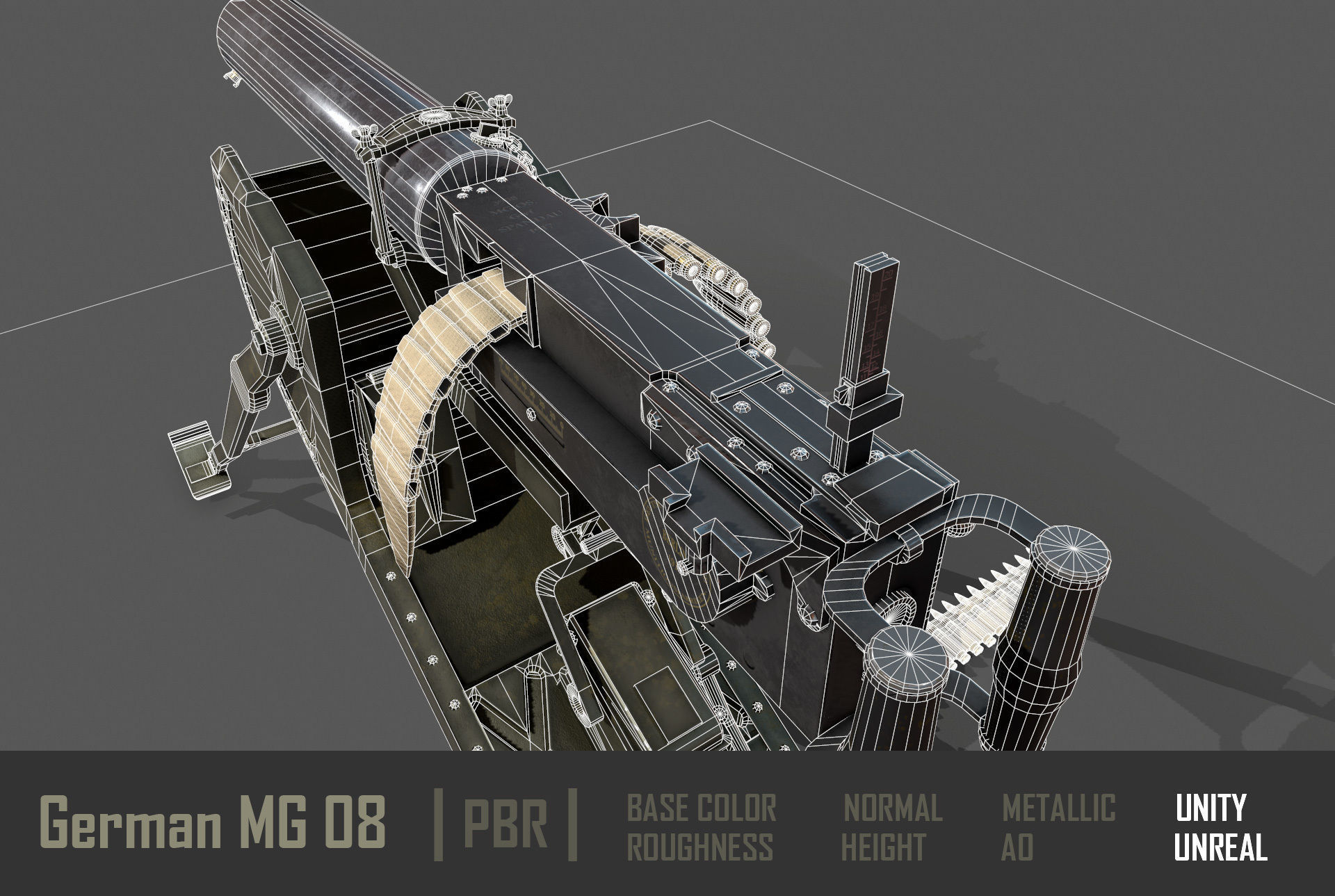 German  MG-08 Machine Gun Low-poly 3D model_13