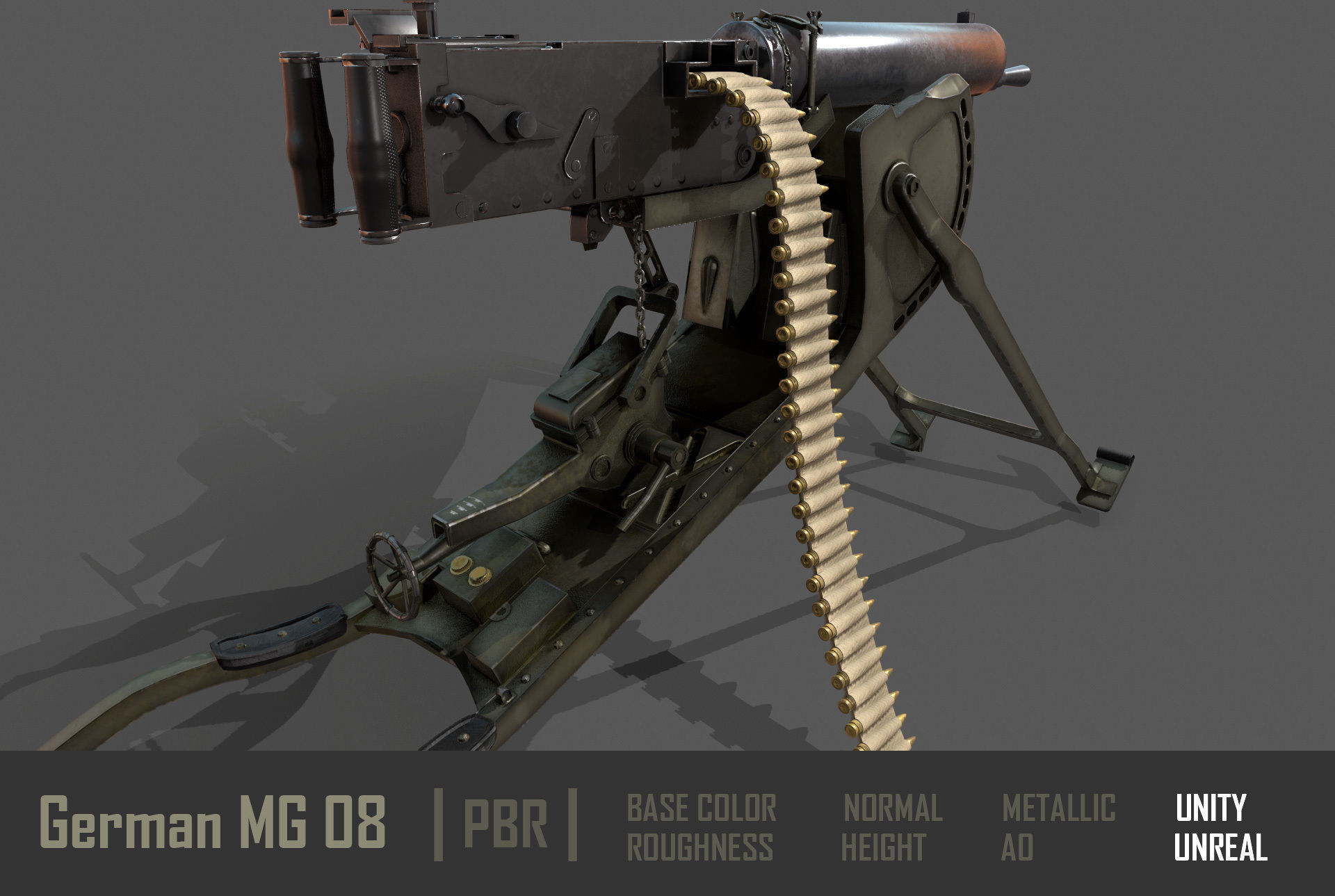 German  MG-08 Machine Gun Low-poly 3D model_3